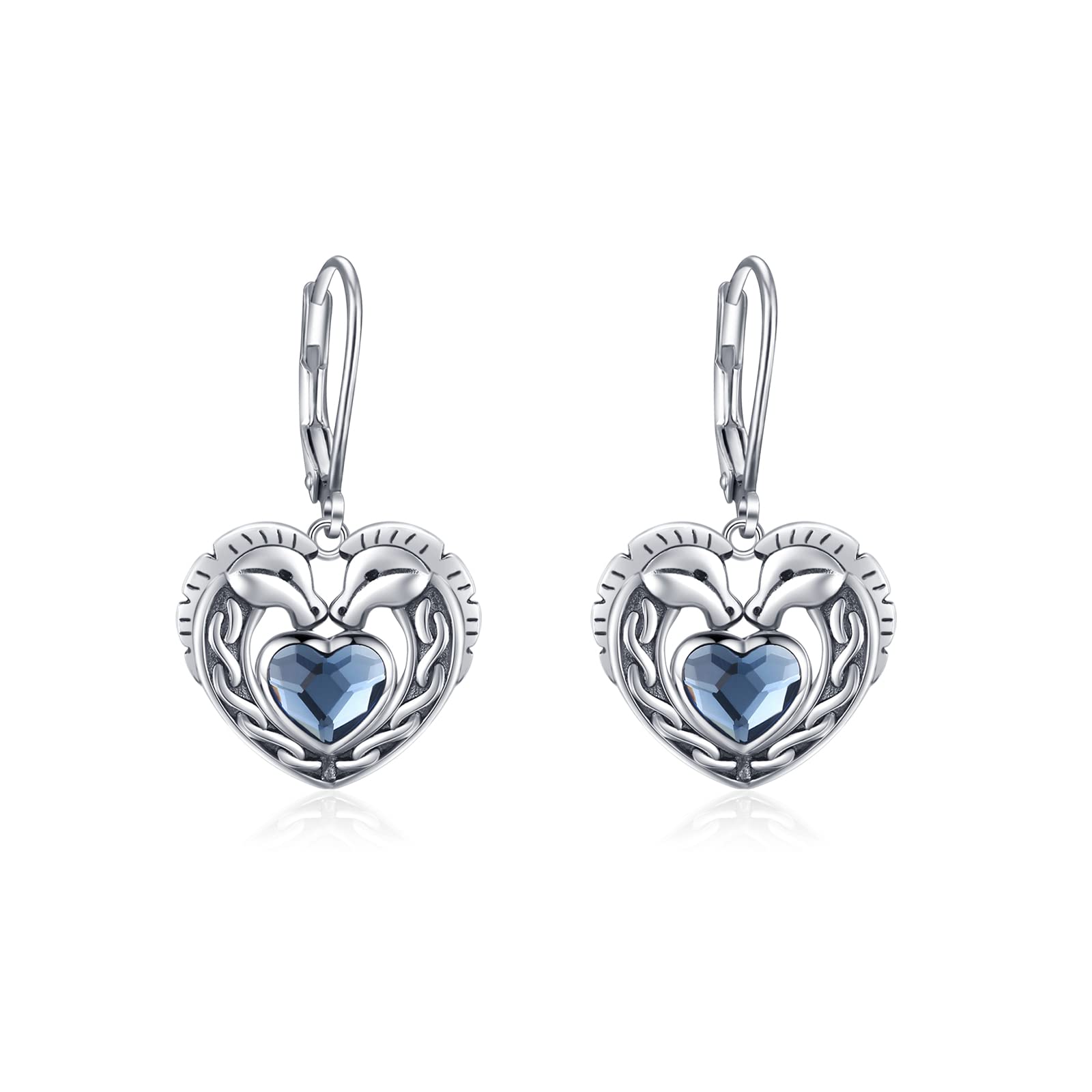 Celtic Horse Earrings Sterling Silver - Blue Crystal Heart Dangle Earrings with Celtic Knot Leverback, Irish Horse Jewelry for Women, Perfect Gift for Graduation, Birthday & Special Occasions