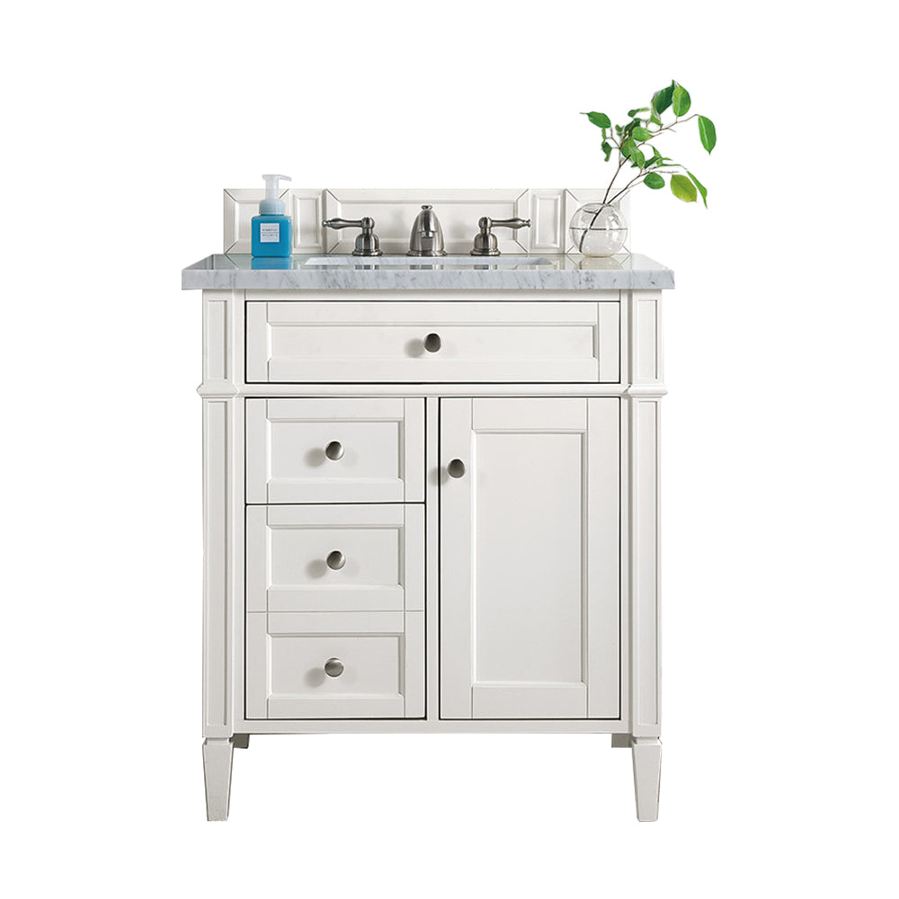 Brittany 30-Inch Single Bathroom Vanity with Arctic Fall Solid Surface Top - Bright White Finish | Perfect for Small Bathrooms & Powder Rooms