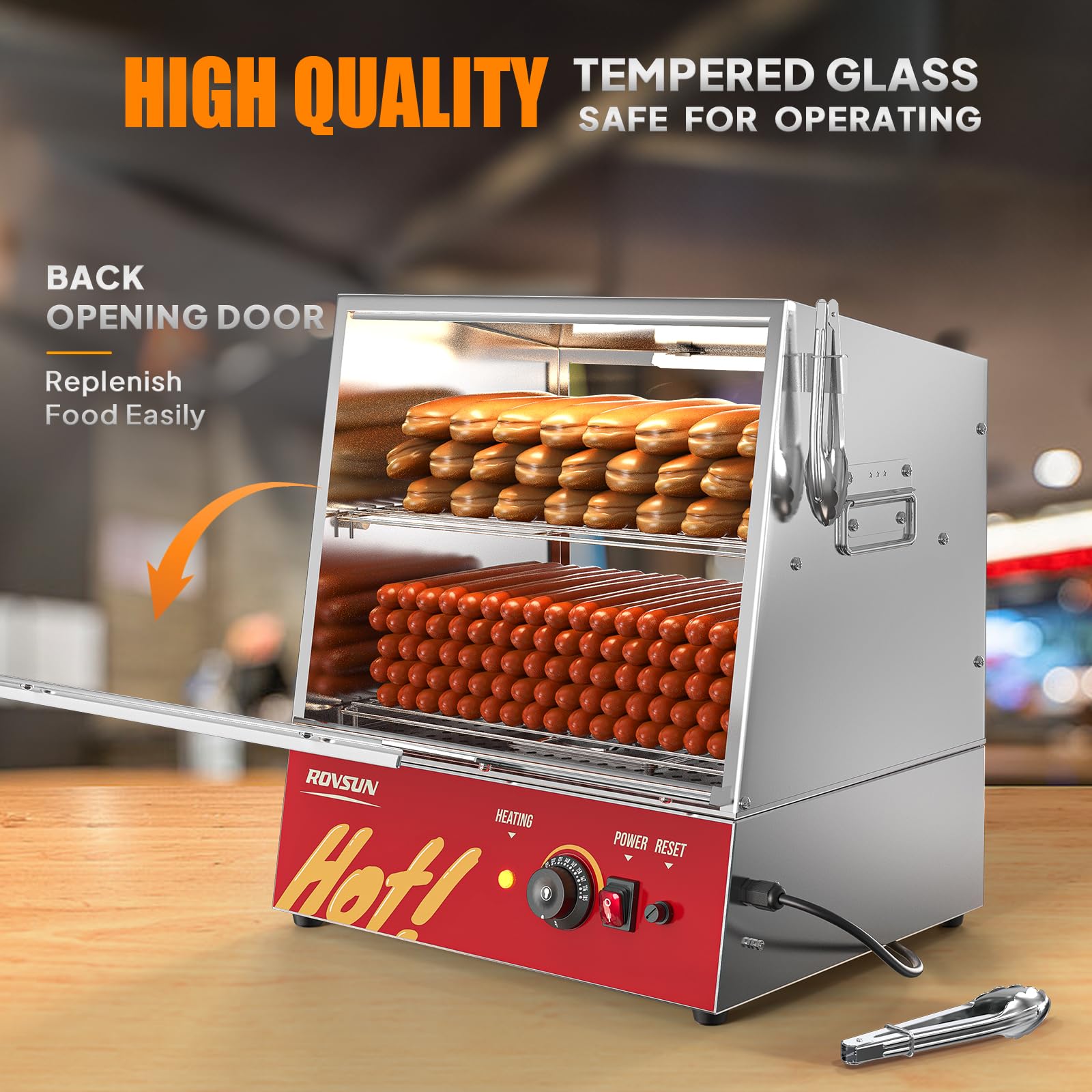 ROVSUN 32QT/30L Commercial Hot Dog Steamer with Bun Warmer – 2-Tier Stainless Steel Hot Dog Cooker for 175 Hot Dogs & 40 Buns – Perfect for Party Events, Concession Stands & Food Trucks – Removable Shelves & Food Clip Included