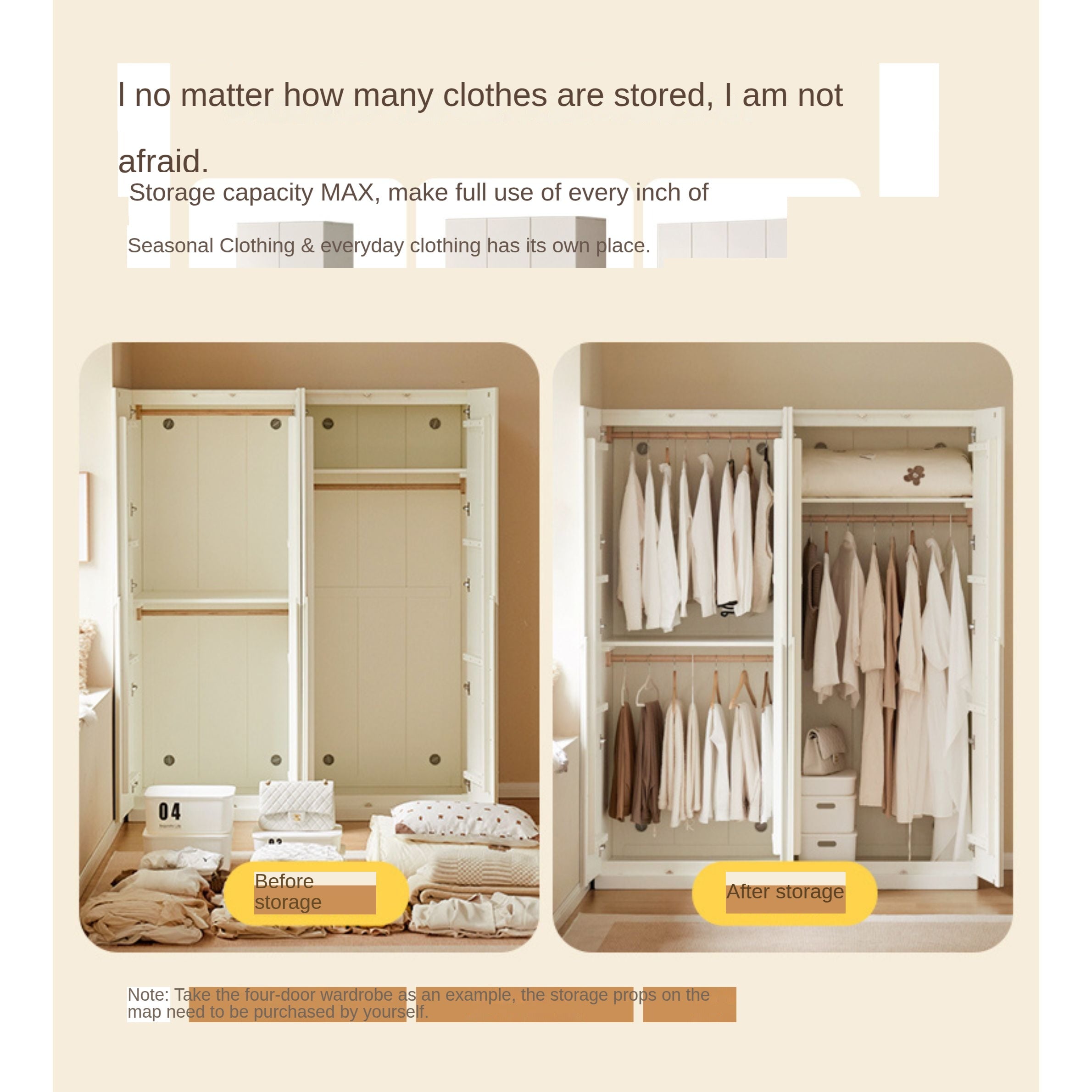 Modern Nordic Style Solid Wood Wardrobe - Beech & Rubber Wood, Cream Finish - Perfect for Bedroom, Living Room, and Office Storage