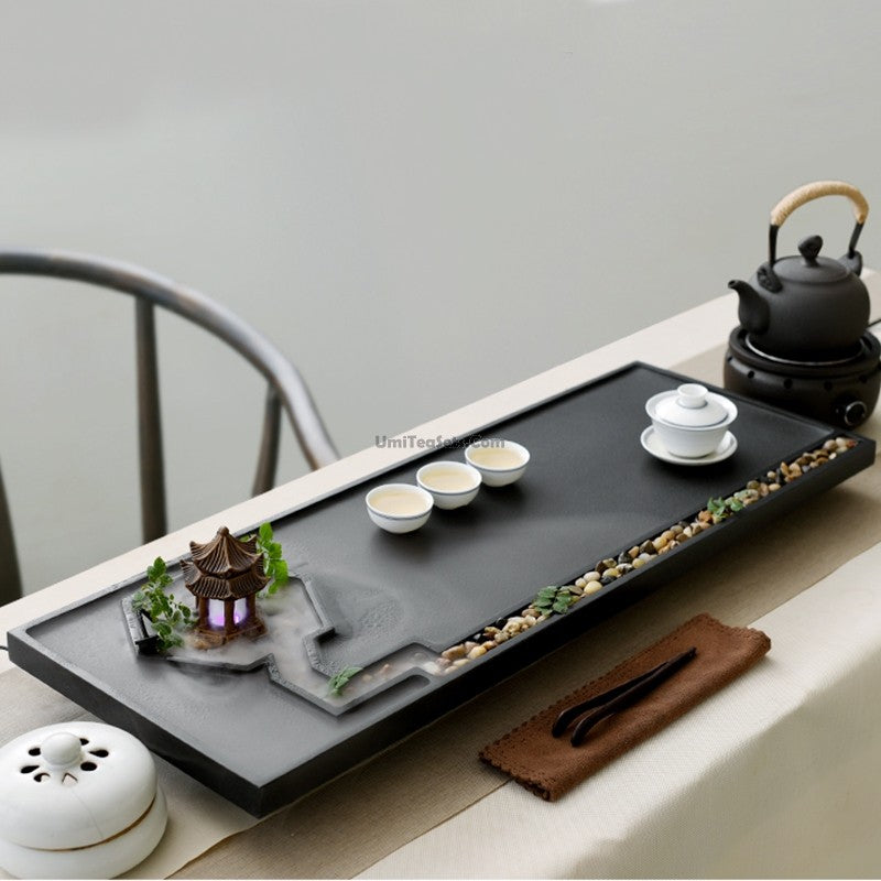 Premium Black Stone Zen Tea Tray with Pavilion & Brook Design - Perfect for Japanese Tea Ceremony, Meditation & Home Decor