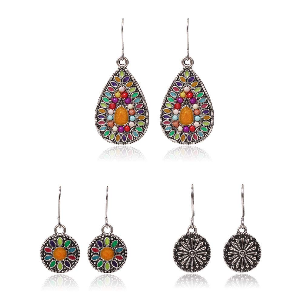 GIMEFIVE 3 Pairs Bohemian Vintage Dangle Earrings - Retro Rhinestone Drop Earrings for Women & Girls | Perfect for Festivals, Parties & Boho Fashion
