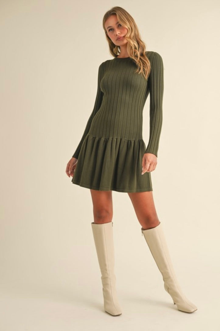 Olive Ribbed Long Sleeve Crewneck Drop Waist Flare Dress for Women | Elegant Fall Winter Outfit for Casual Wear, Office, Date Night & Special Occasions