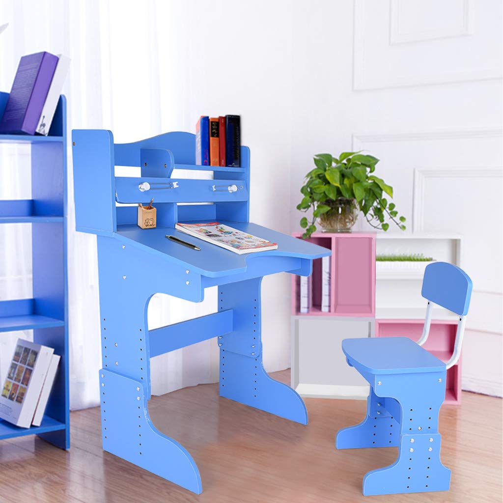 Adjustable Height Study Desk and Chair Set with Tilted Desktop & Storage - Ergonomic Wooden Student Workstation for Writing, Reading, Drawing - Perfect Kids Desk Furniture for Home, School & Office (Blue)
