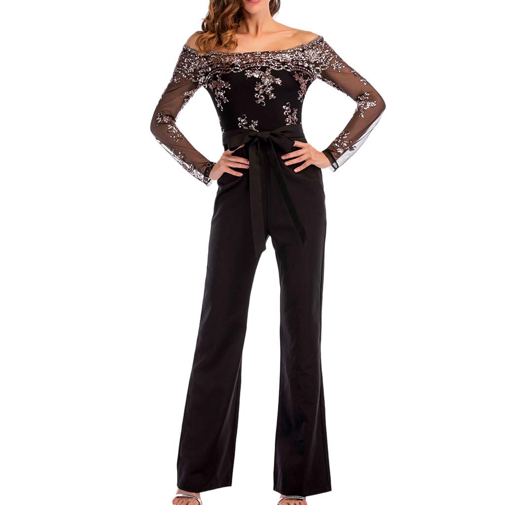 Tlzadwei Women's Fashion Wide Leg Sequin Mesh Cold Shoulder Jumpsuit - Elegant Long Sleeve Party Outfit for Evening Events & Special Occasions