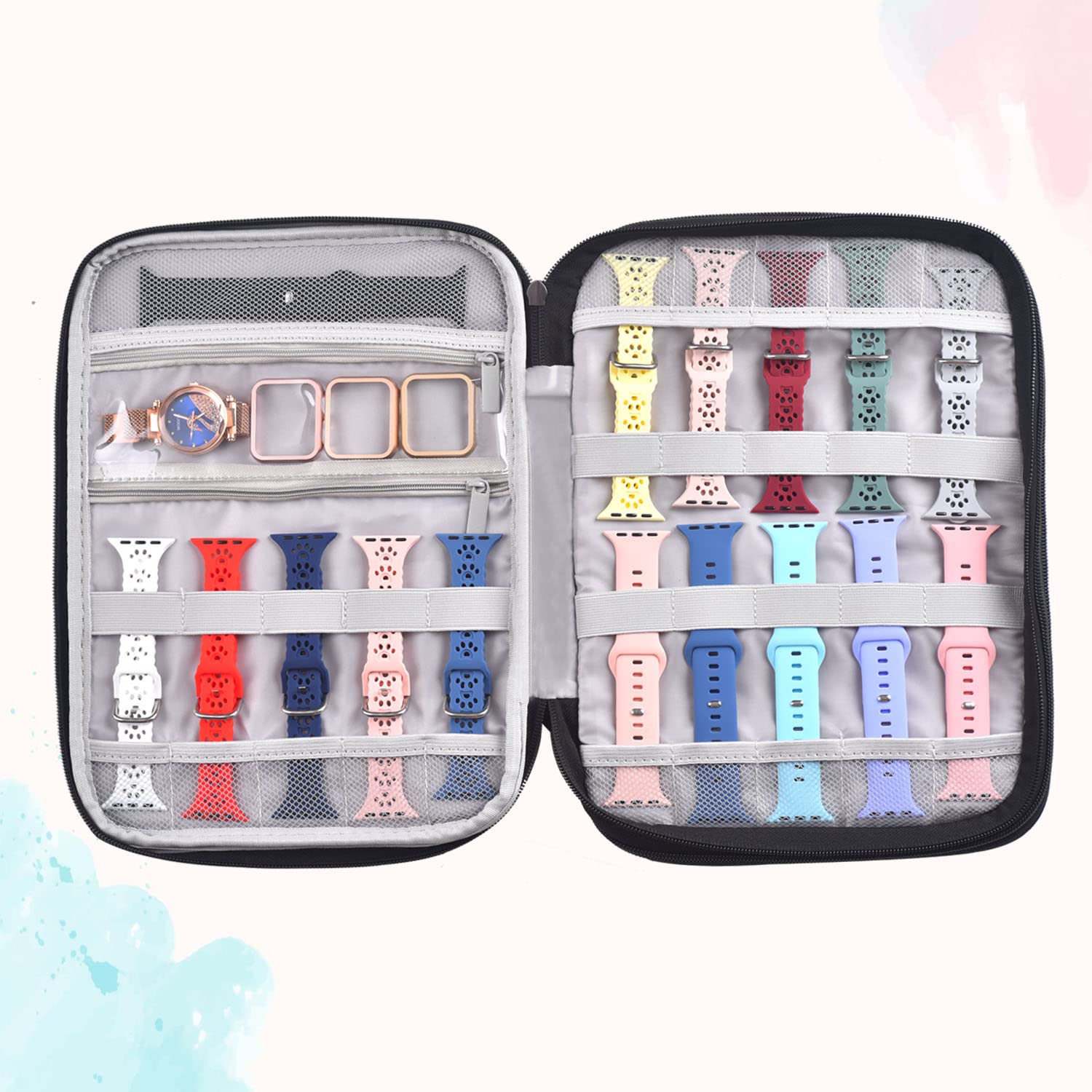 **Pink Leopard Watch Band Storage Case & Organizer – Holds 35 Watch Straps & Accessories – Durable Travel Carrying Case for Apple Watch, Samsung, Fitbit & More – Perfect for Travel, Gym & Home Storage**