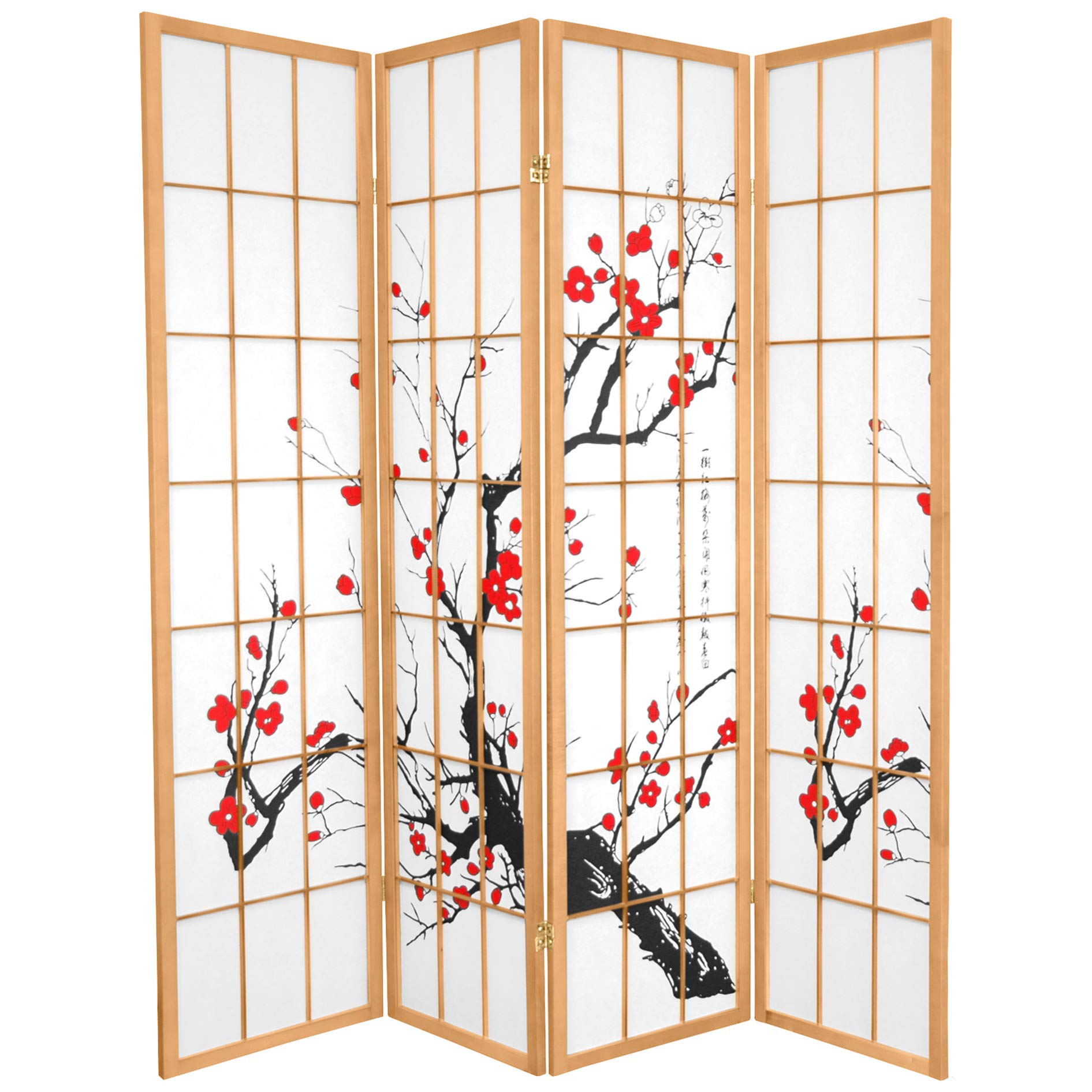 Red Lantern SS-BLOSSOM 4-Panel Natural Bamboo Room Divider Screen - Handmade Asian Style Folding Partition for Home, Office & Wedding Decor