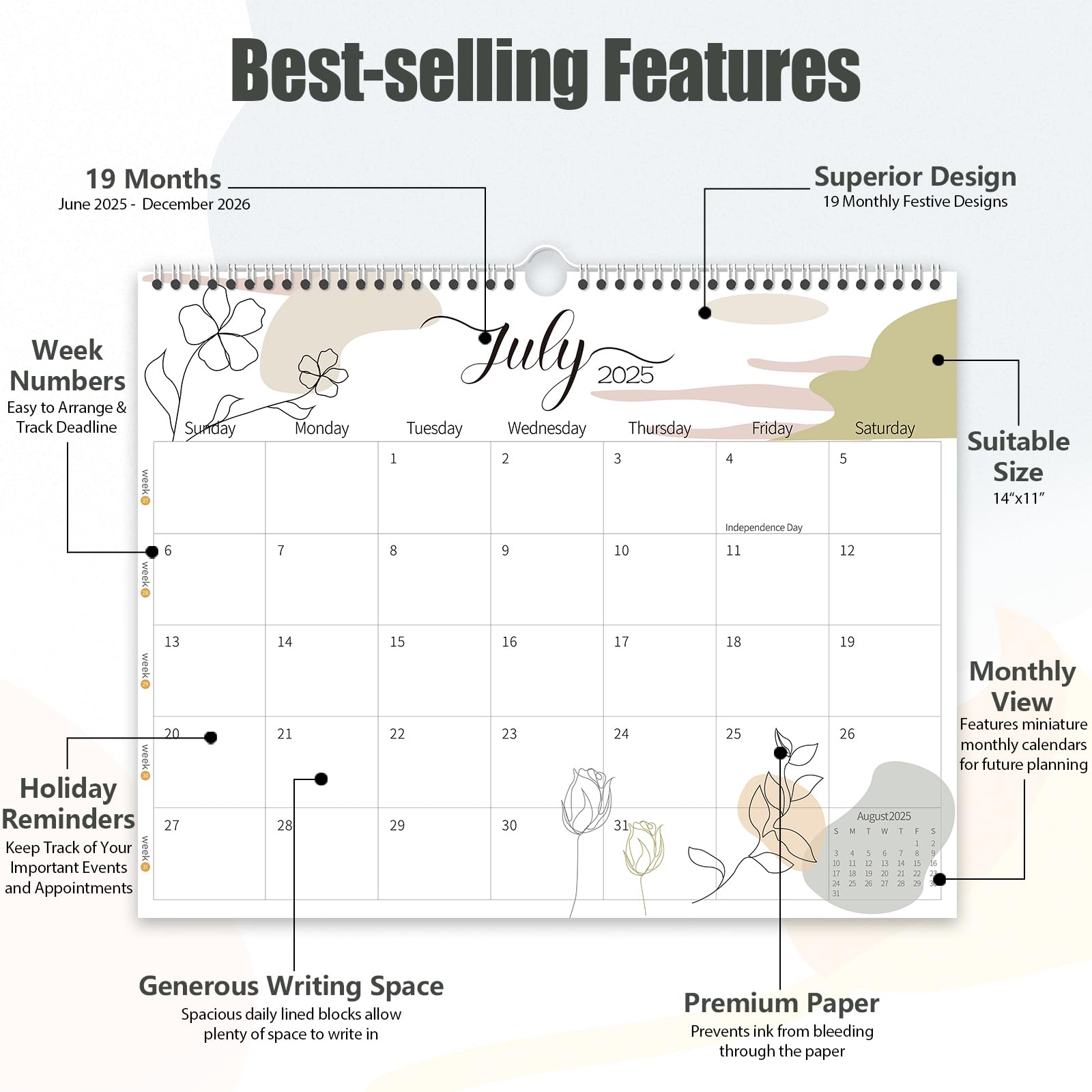 Guasslee 2025-2026 Wall Calendar - 19 Month Planner (June 2025 to December 2026) - 14