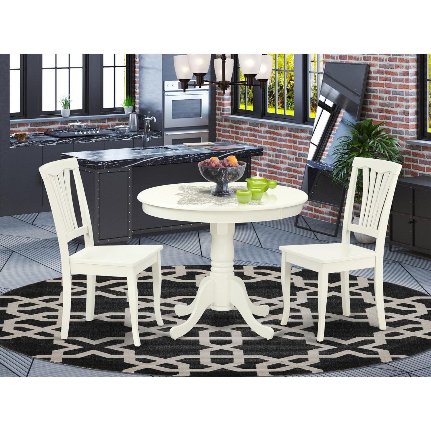 East West Furniture ANAV3-LWH-W 3-Piece Round Dining Table Set with Pedestal Base & 2 Chairs, 36x36 Inch, Linen White - Perfect for Small Spaces, Kitchen, Breakfast Nook & Apartment Dining
