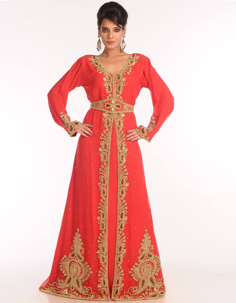 Elegant Arabic Red Georgette Kaftan with Hand Zari Embroidery - Perfect for Weddings, Parties & Special Occasions