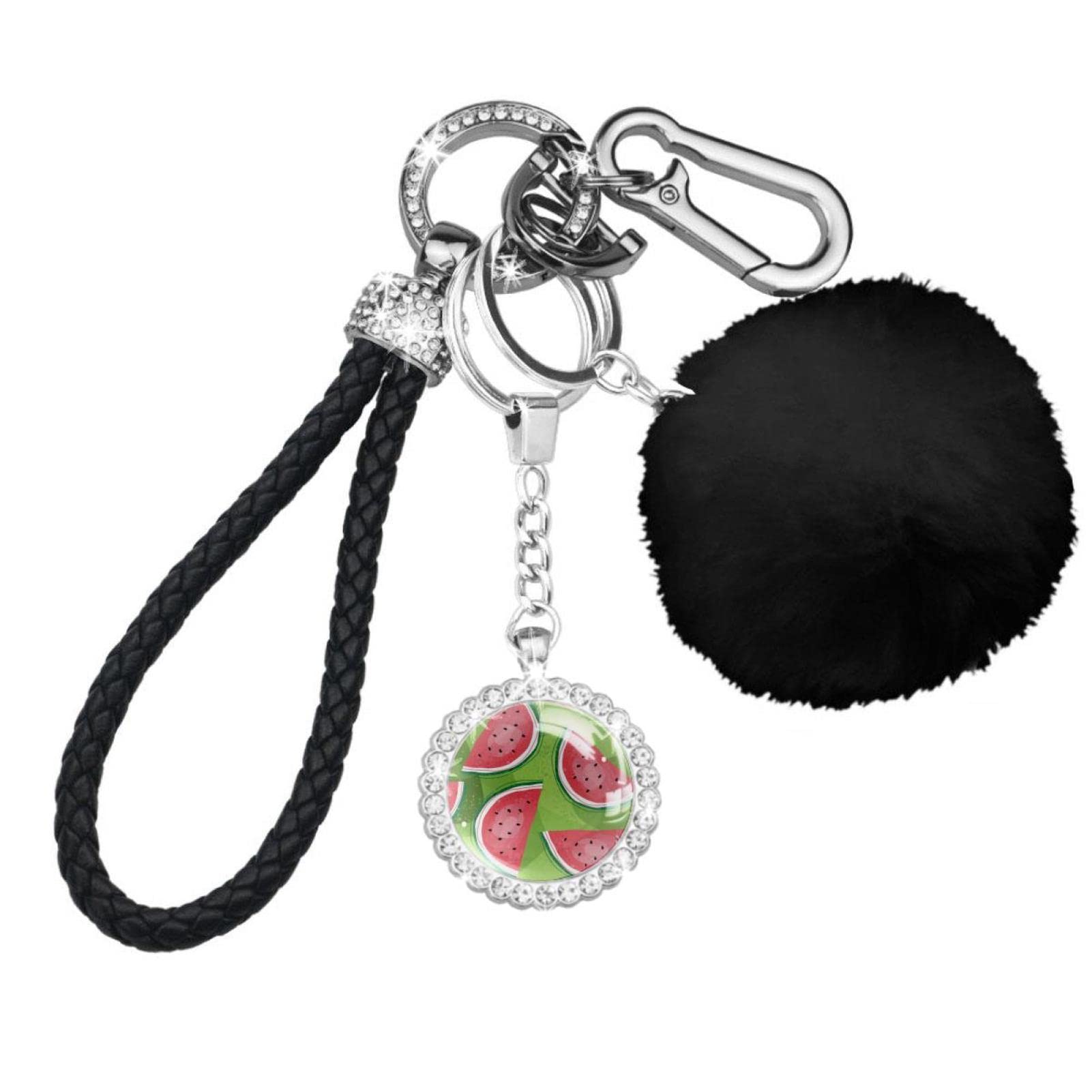 Fluffy Pom Pom Keychain - Cute Watermelon Summer Fruit Design, Soft Artificial Fur Ball Keyring for Women, Girls - Perfect for Car Keys, Bags, Backpacks & Gift Giving