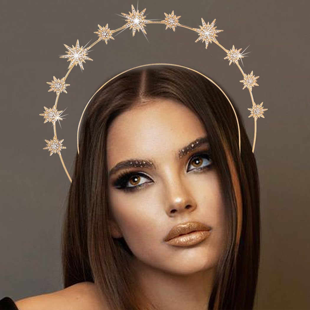 Zoestar Gold Rhinestone Star Halo Crown Headband - Sparkly Crystal Wedding Tiara & Goddess Headdress for Women - Perfect for Bridal, Cosplay, Prom, Pageant & Festival Costume Accessories (1 Piece, Gold)