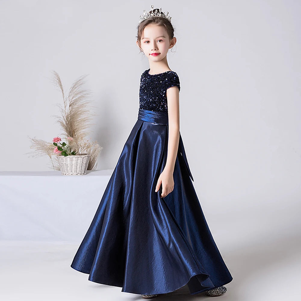Royal Navy Blue Sequin Satin Princess Dress for Girls - Elegant Formal Party & Birthday Gown - Perfect for Pageants, Weddings & Special Occasions