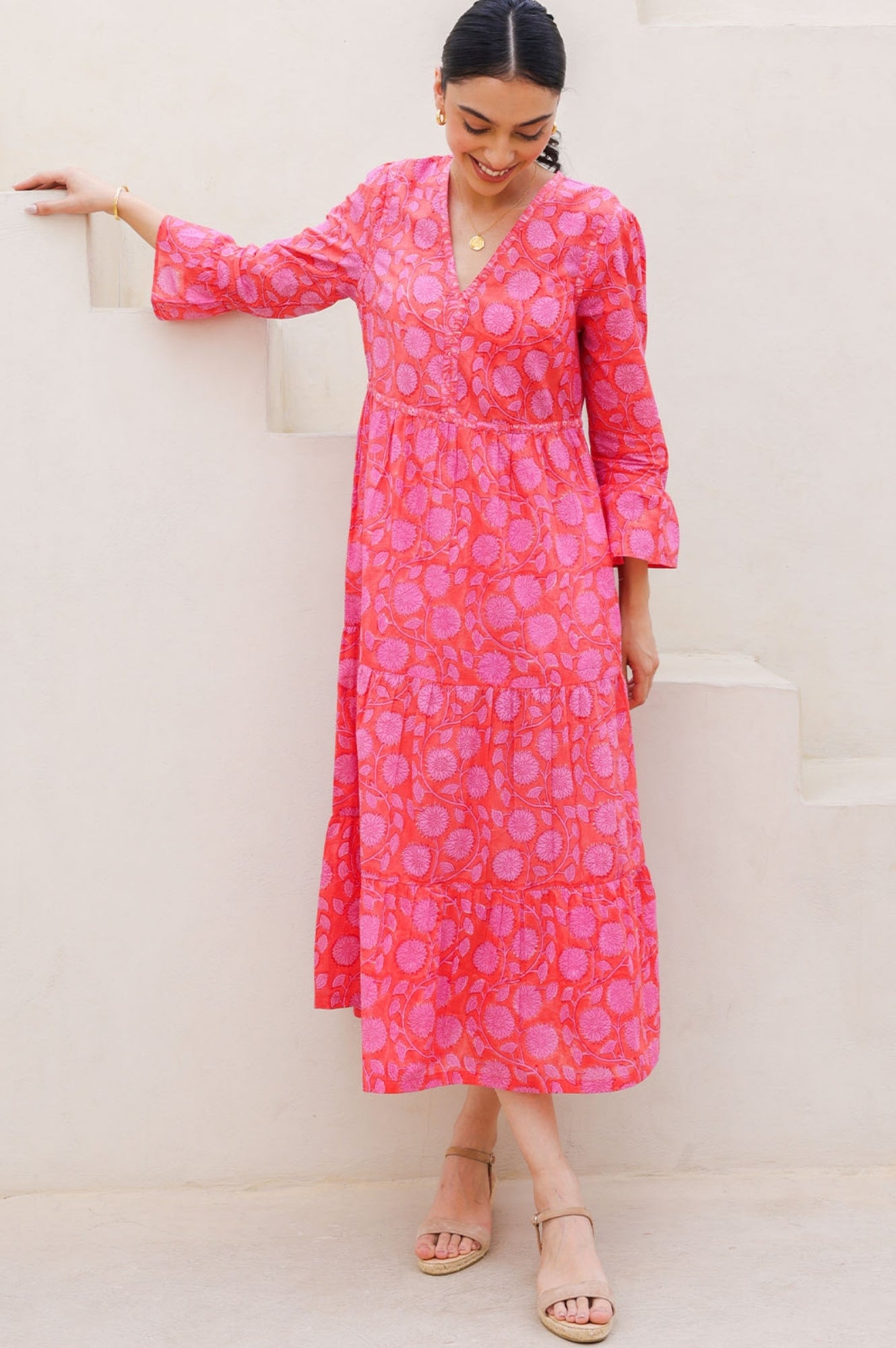 Hayden Block Print Dress in Mara Red & Pink | Floral Cotton Maxi Dress for Women | Perfect for Summer, Beach, and Boho Fashion