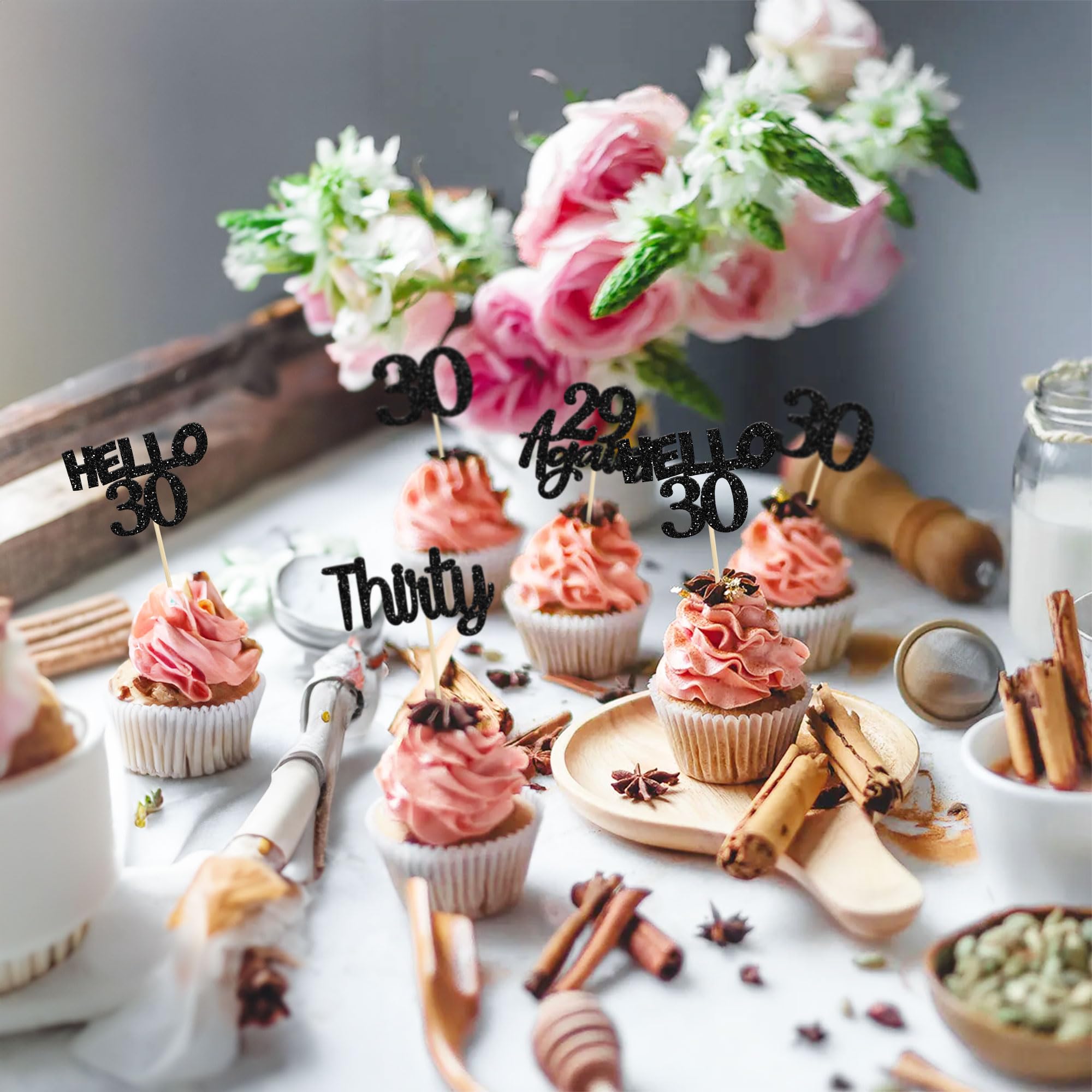 24Pcs Black Glitter 30th Birthday Cupcake Toppers - Hello 30 Cake Decorations - Again 29 Thirty Cupcake Picks for 30th Birthday Party Supplies - Perfect for Milestone Celebrations, Anniversary Cakes & Dessert Table Decor