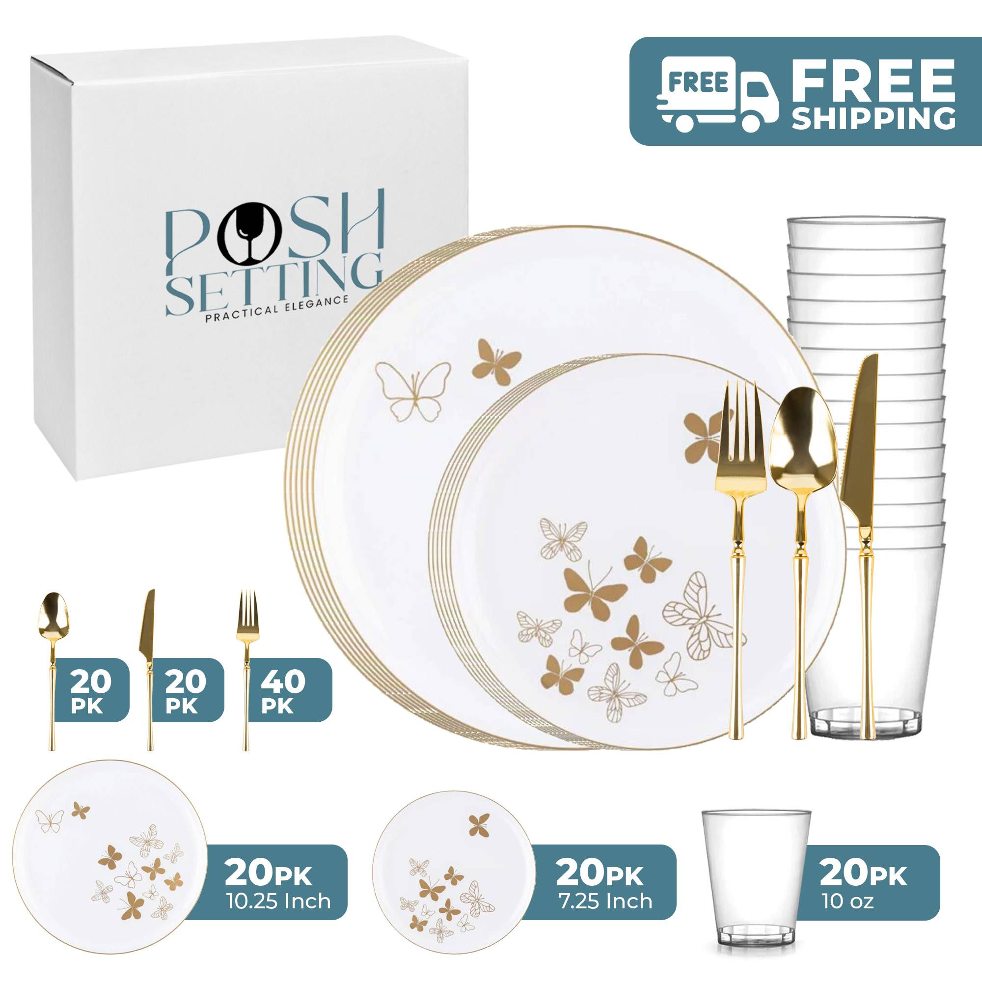 White and Gold Plastic Party Bundle with Butterflies - Perfect for Birthday, Wedding, Baby Shower Decorations