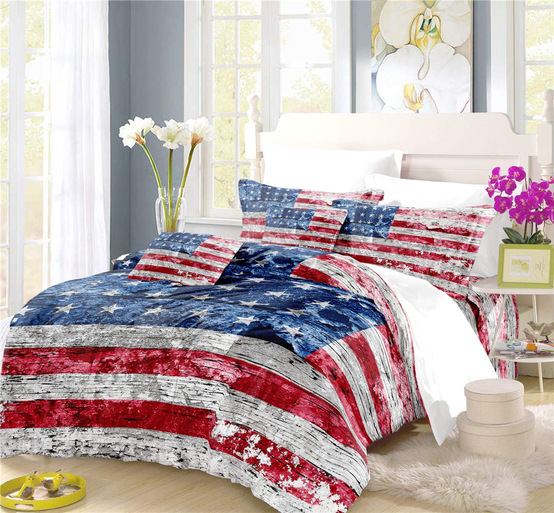 REALIN Stars and Stripes Duvet Cover Set - Vintage American Flag Bedding in Red White & Blue - 2/3/4PC Quilt Cover with Sheets & Pillow Shams - Twin/Full/Queen/King Size (King-229x259cm-3PC) - Perfect for Patriotic Home Decor, 4th of July Celebrations & Cozy Bedroom Makeovers