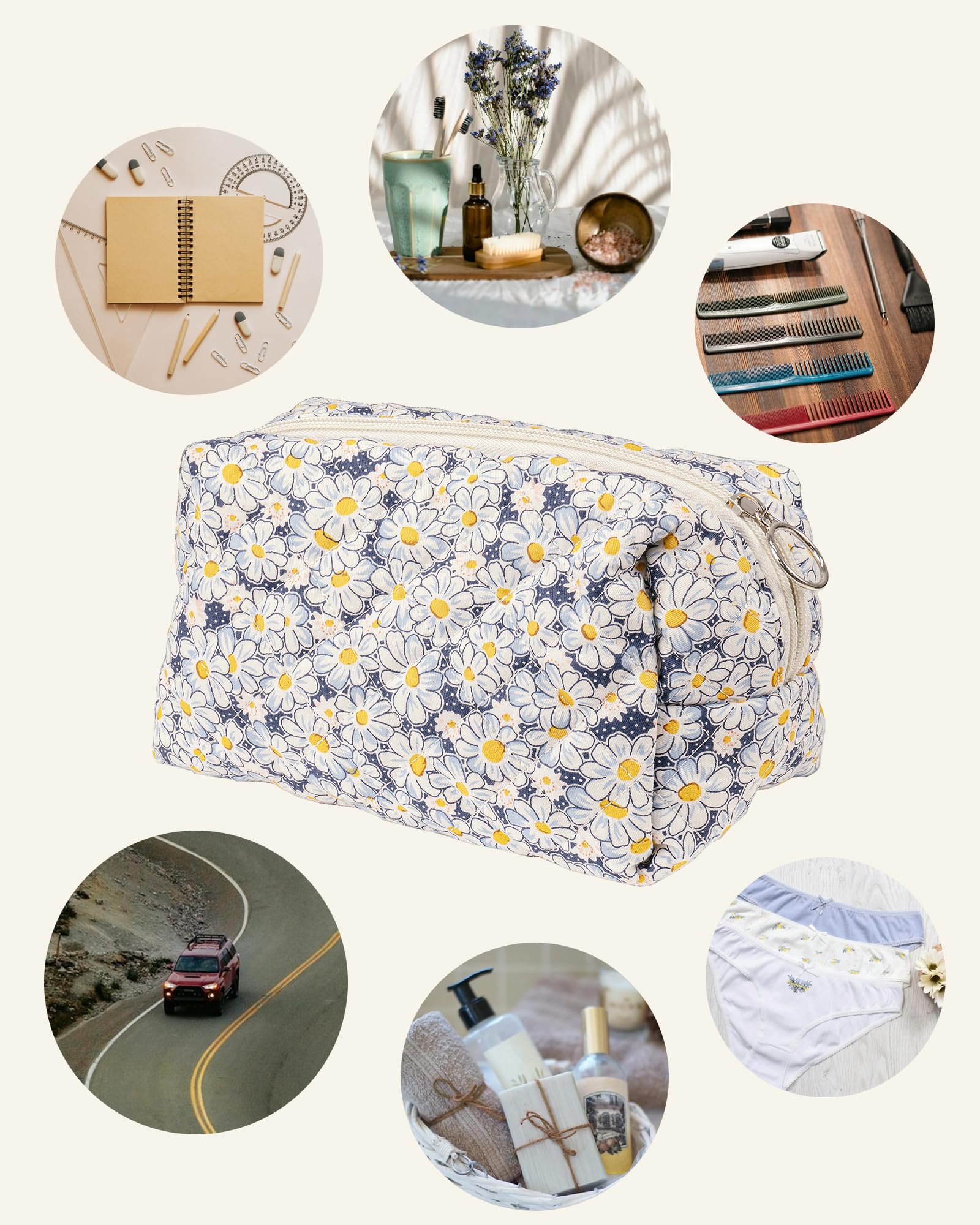 Floral Quilted Makeup Bag for Women | Daisy Cosmetic Pouch | Blue Flower Travel Toiletry Organizer | Cotton Makeup Case | Perfect for Travel, Gym & Daily Essentials Storage