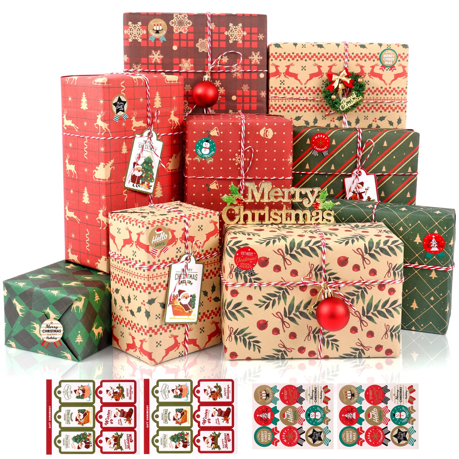 Eco-Friendly Christmas Wrapping Paper Set - 12 Recycled Kraft Gift Wrapping Sheets (70x50cm) with Tags & Stickers for Holiday Presents | Perfect for Christmas, New Year Gifts, DIY Crafts & Home Decoration
