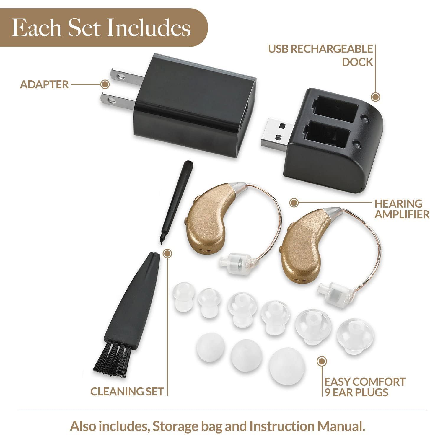 Digital Hearing Amplifiers (2-Pairs) - Rechargeable BTE Personal Sound Enhancer with USB Charging Dock - Premium Gold Behind-The-Ear Hearing Aid - Ideal for TV Watching, Conversations & Outdoor Activities - MEDca Certified