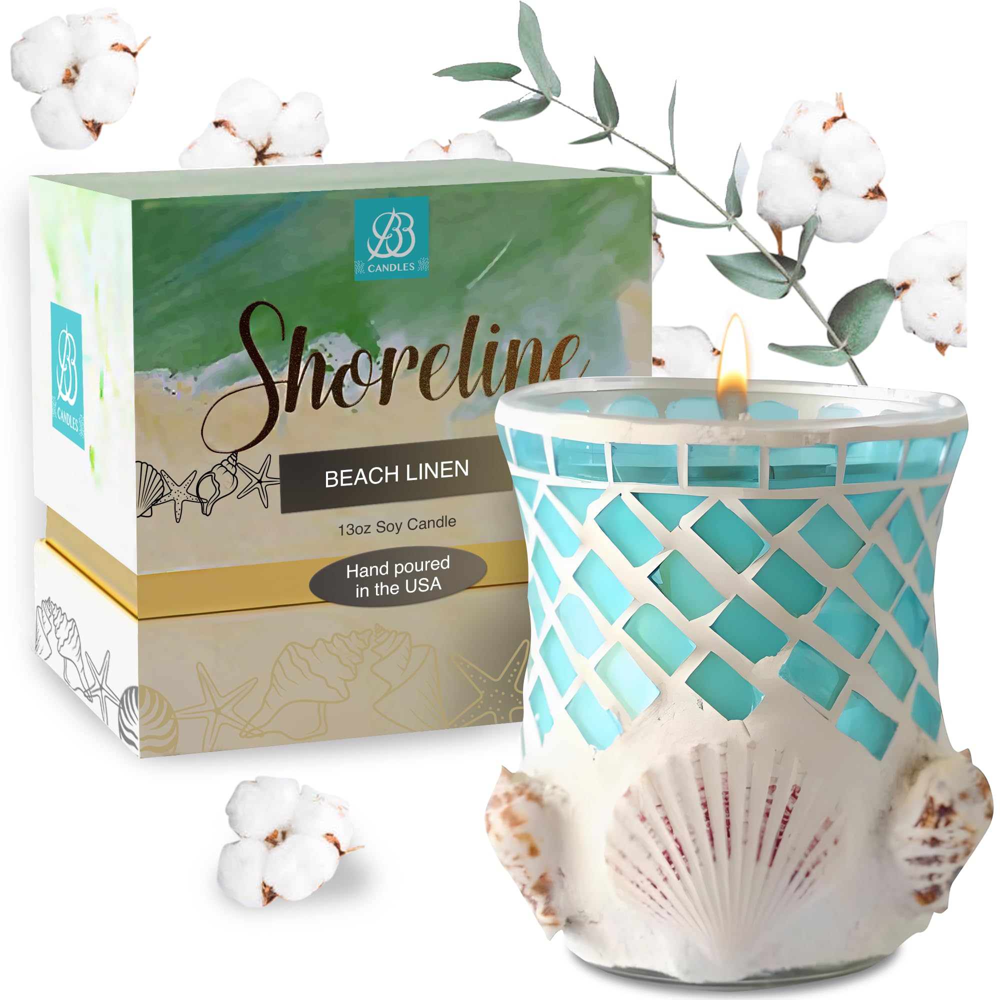 Hand-Poured Soy Candle with Seashell & Nautical Design - 13oz Luxury Home Decor Candle, 80+ Hour Burn Time, Beach Linen Scent - Perfect for Coastal Decor, Relaxation & Gift Giving