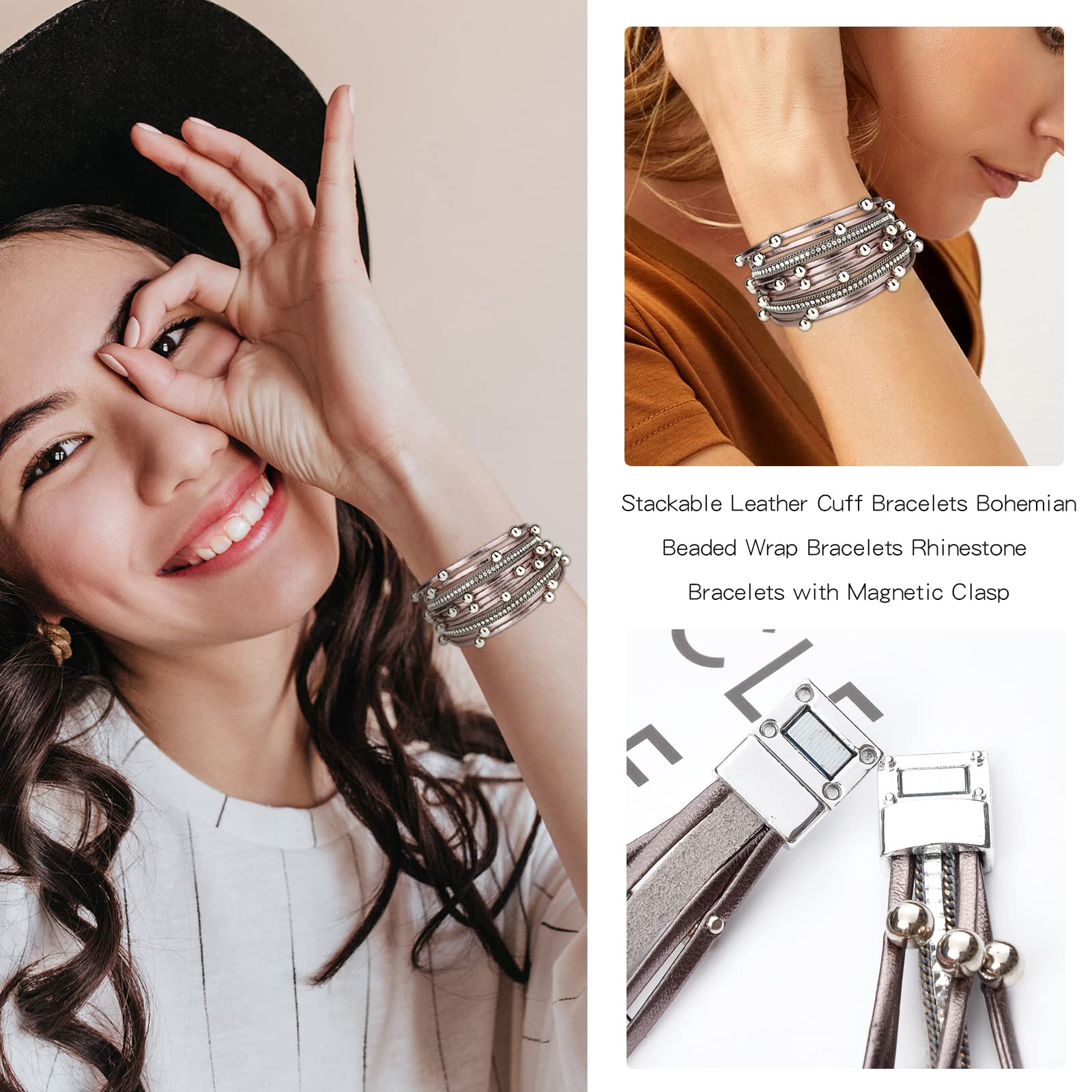 Boho Leather Wrap Bracelets for Women - Trendy Stackable Infinity Bracelets with Clasp - Adjustable Wrist Jewelry for Casual, Festival & Everyday Wear