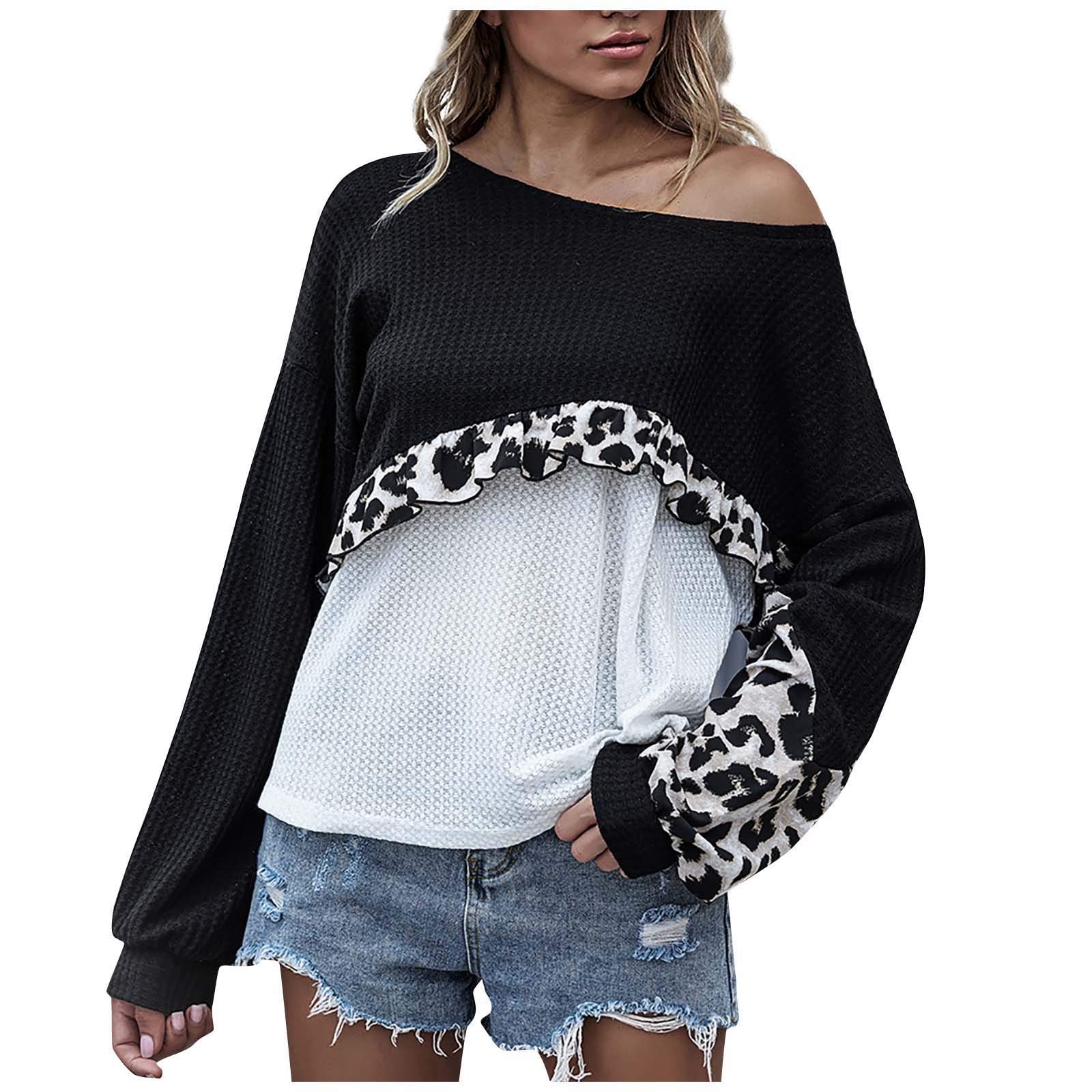 Women's Off Shoulder V Neck Leopard Print Waffle Knit Pullover Sweater - Long Sleeve Loose Blouse Top for Casual Wear & Date Nights