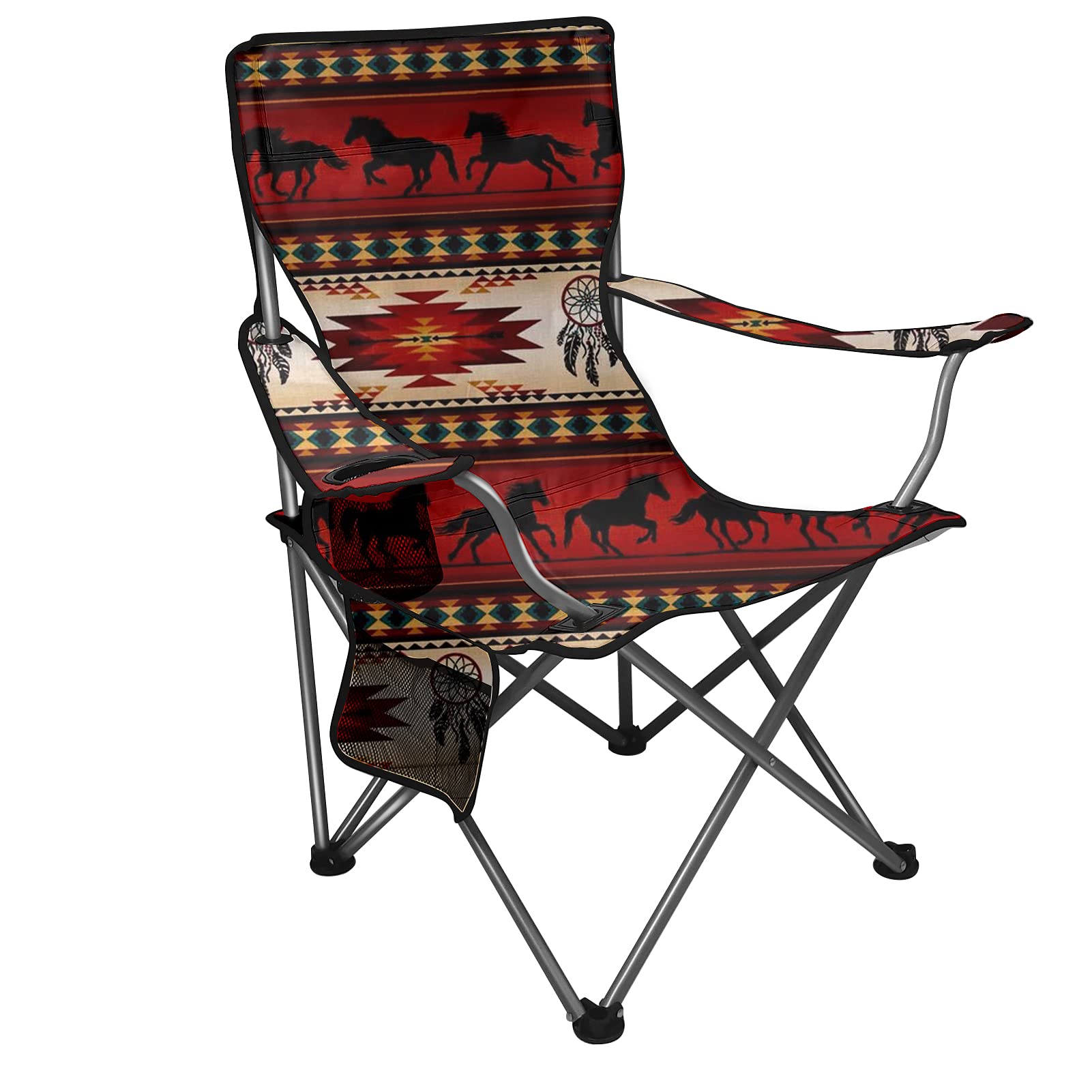 Jeiento Aztec Horse Kids Camping Chair - Foldable Children's Outdoor Chair with Carrying Bag, Mesh Cup Holder & Sturdy Steel Frame - Perfect for Camping, Beach, Picnics & Backyard Gatherings