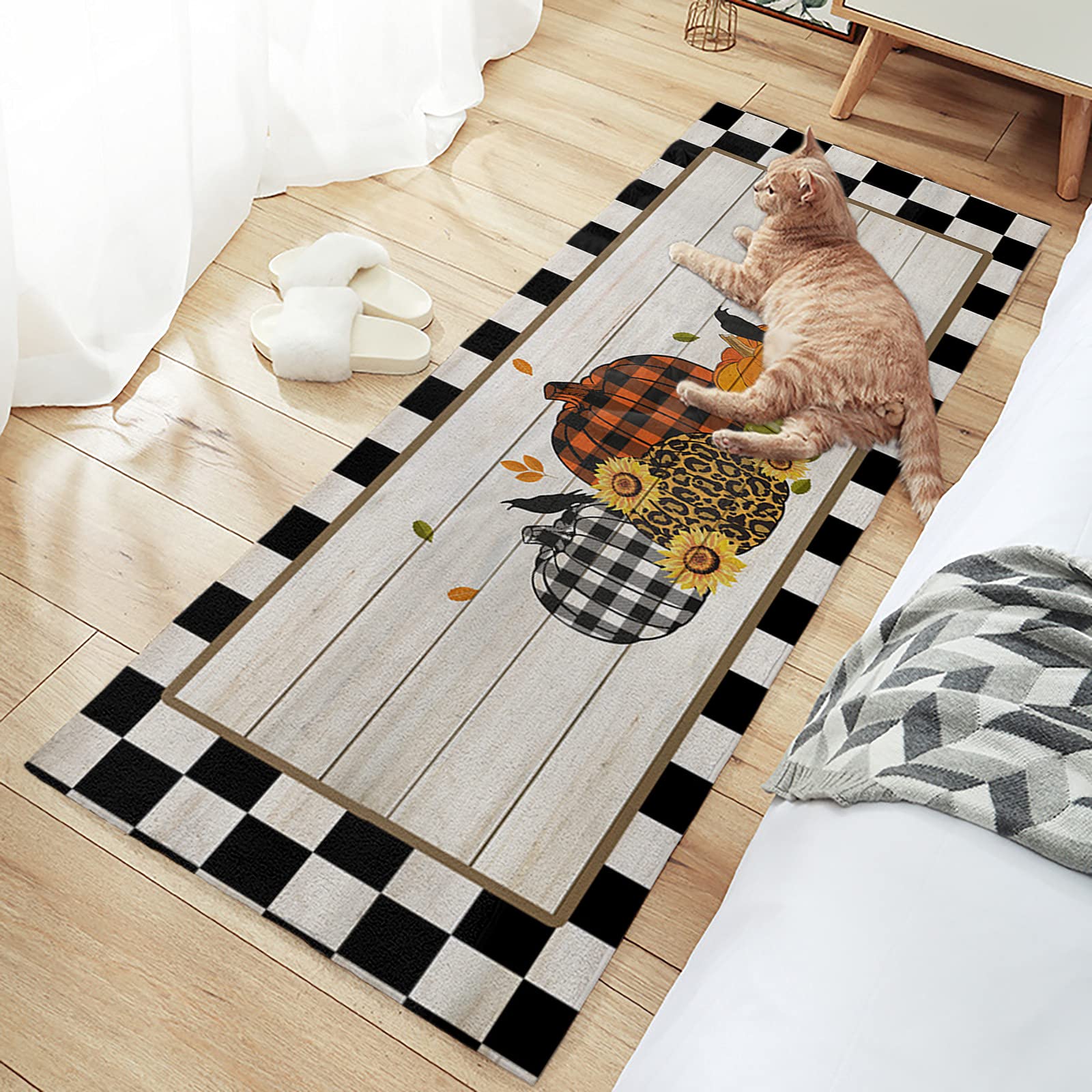 Chucoco 2-Piece Absorbent Kitchen Rug Set - Soft Plush Fall Decor with Pumpkin & Sunflower Design - Non-Slip Floor Mat for Kitchen, Bedroom, Laundry Room - Perfect for Thanksgiving & Autumn Home Decor