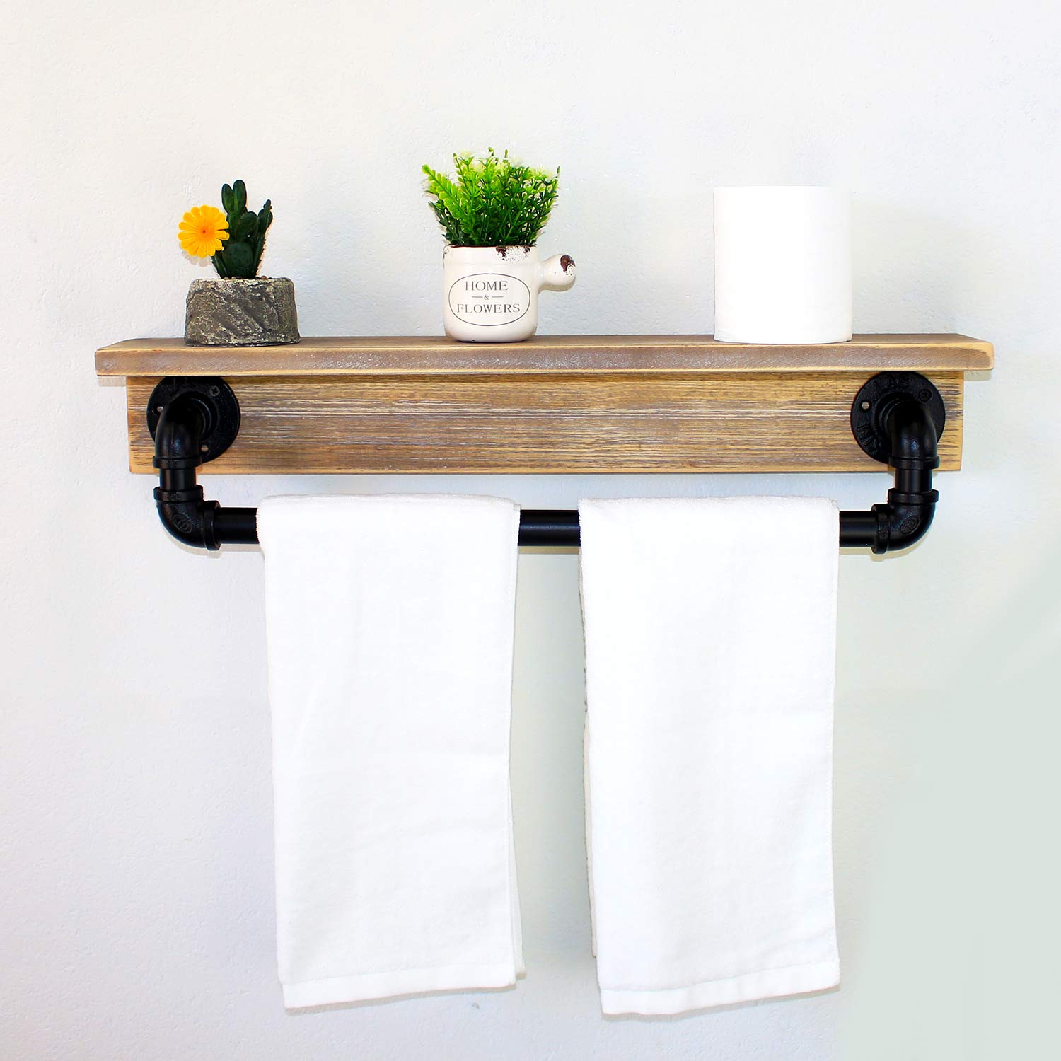 MBQQ Industrial Pipe Shelf - Rustic Wall Mounted Bathroom Shelf with Towel Bar | 24 Inch Farmhouse Floating Shelves for Towel Storage | Vintage Grey Wooden Home Decor for Bathroom, Kitchen & Living Room Organization