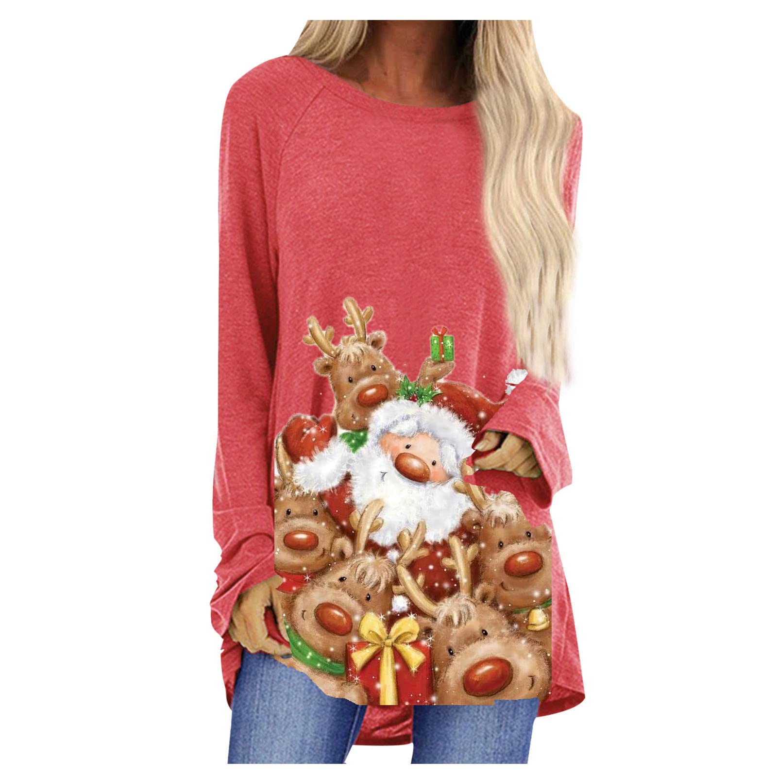Women's Christmas Graphic T-Shirt - Pink Elk Print Long Sleeve Crewneck Pullover Top | Holiday Party Outfit, Ugly Sweater Contest, Family Gathering