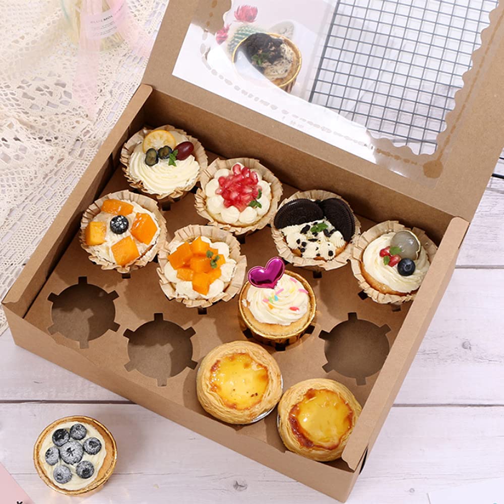 10-Pack Auto-Popup Cupcake Boxes - Fits 12 Cupcakes (13x10x3.5 Inches) | Sturdy Kraft Bakery Boxes with Clear Window & Inserts | Perfect for Birthday Parties, Wedding Desserts & Bakery Display