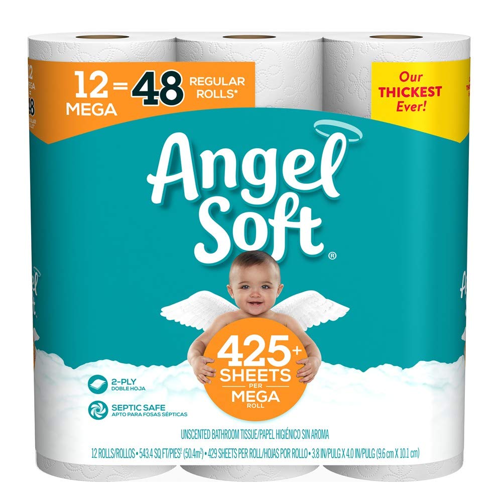 Angel Soft Toilet Paper - 12 Mega Rolls (Equivalent to 24 Regular Rolls) | Ultra Soft & Strong Bath Tissue for Home, Office & Travel Use