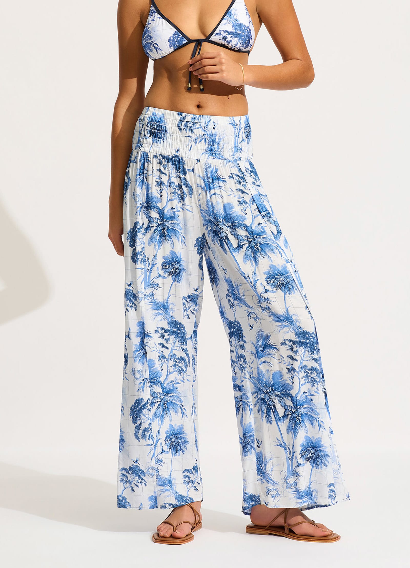 Marbella Shirred Waist Wrap Pants for Women - Comfortable White High Waisted Trousers for Casual Wear, Office & Travel