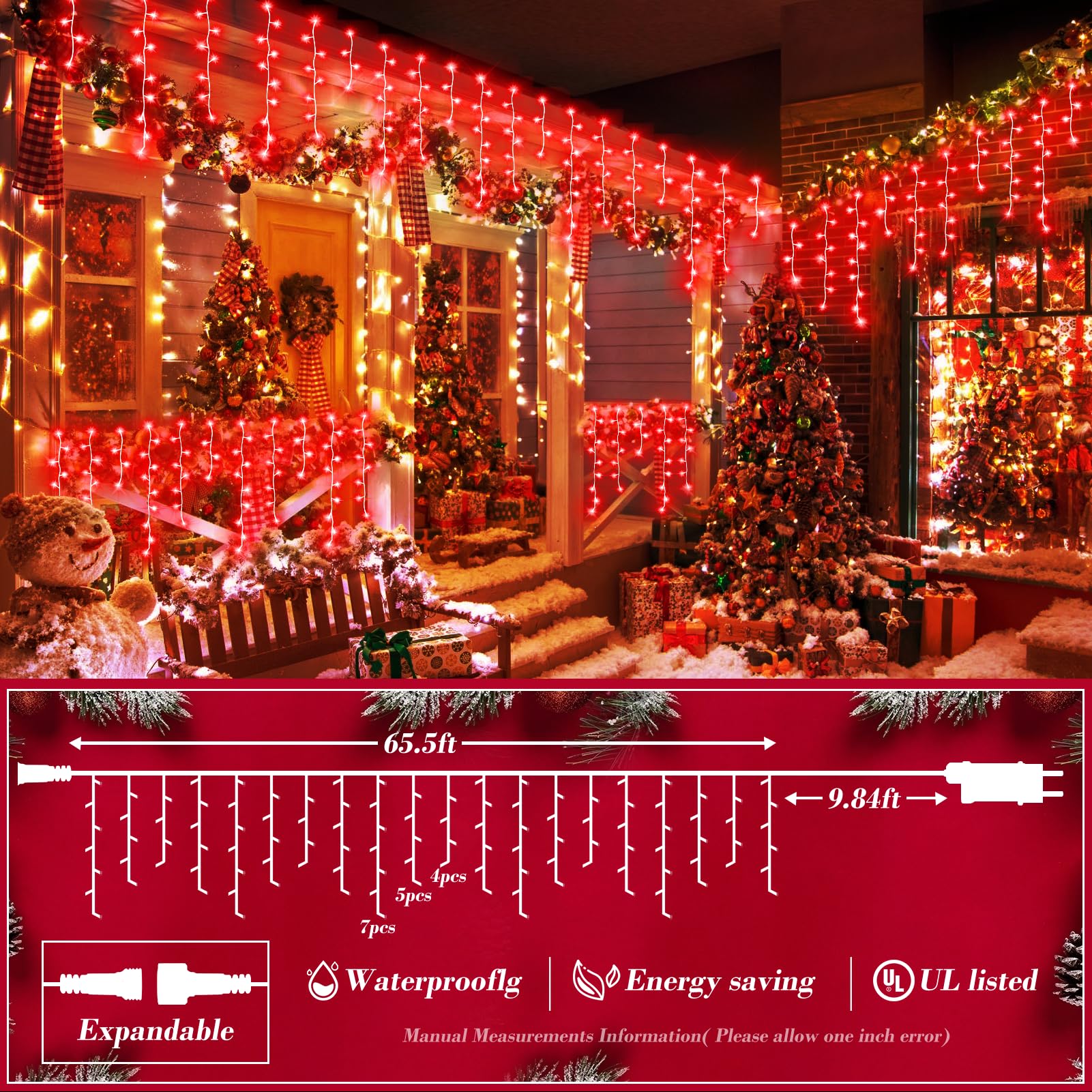 XURISEN 66ft Outdoor Christmas Lights Decorations - 640 LED Waterproof Fairy String Lights with 8 Modes & 120 Drops, Timer Memory Function for Holiday, Wedding, Party, Garden, Patio, and Indoor Decor (Red)