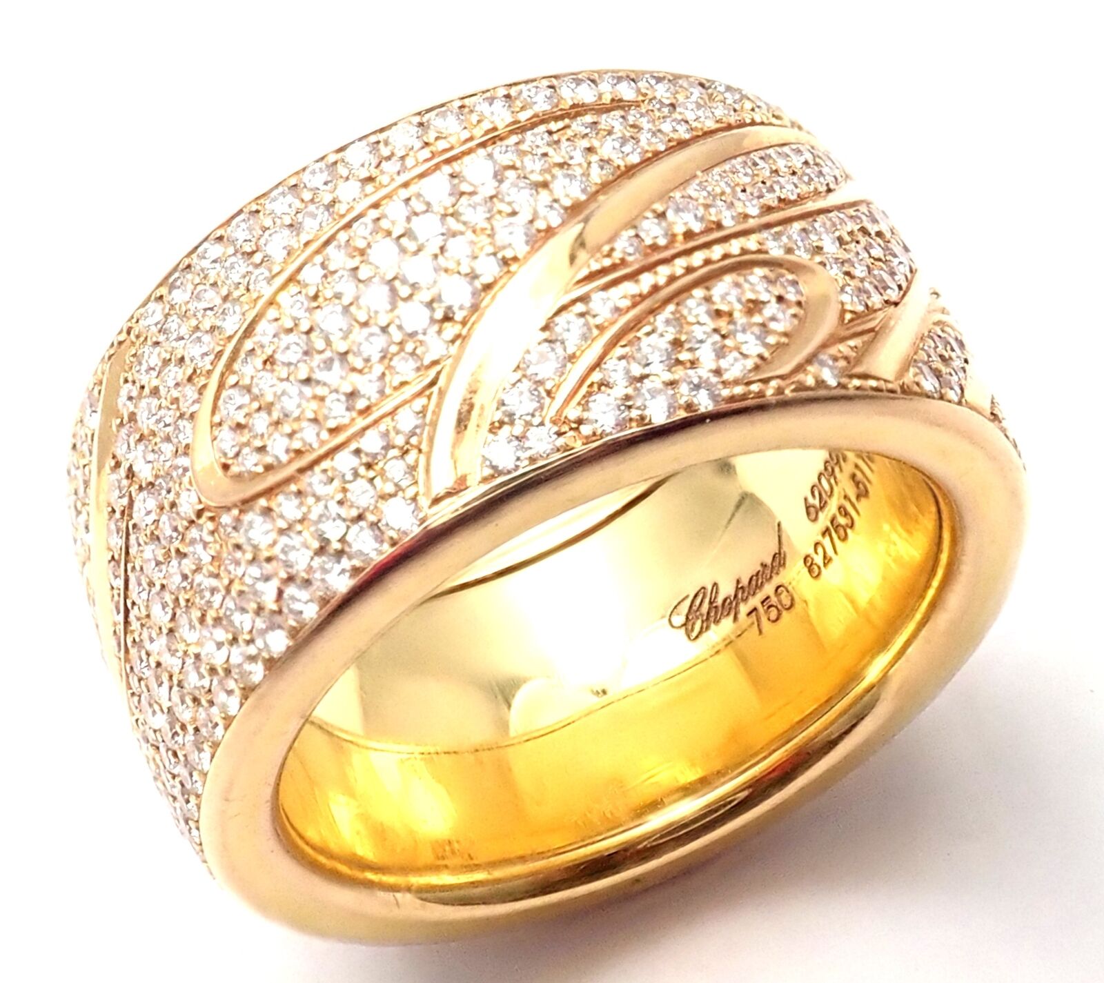 Chopard Chopardissimo 18k Yellow Gold Pave Diamond Signature Band Ring for Women - Luxury Wedding Engagement Gift with Original Box & Papers