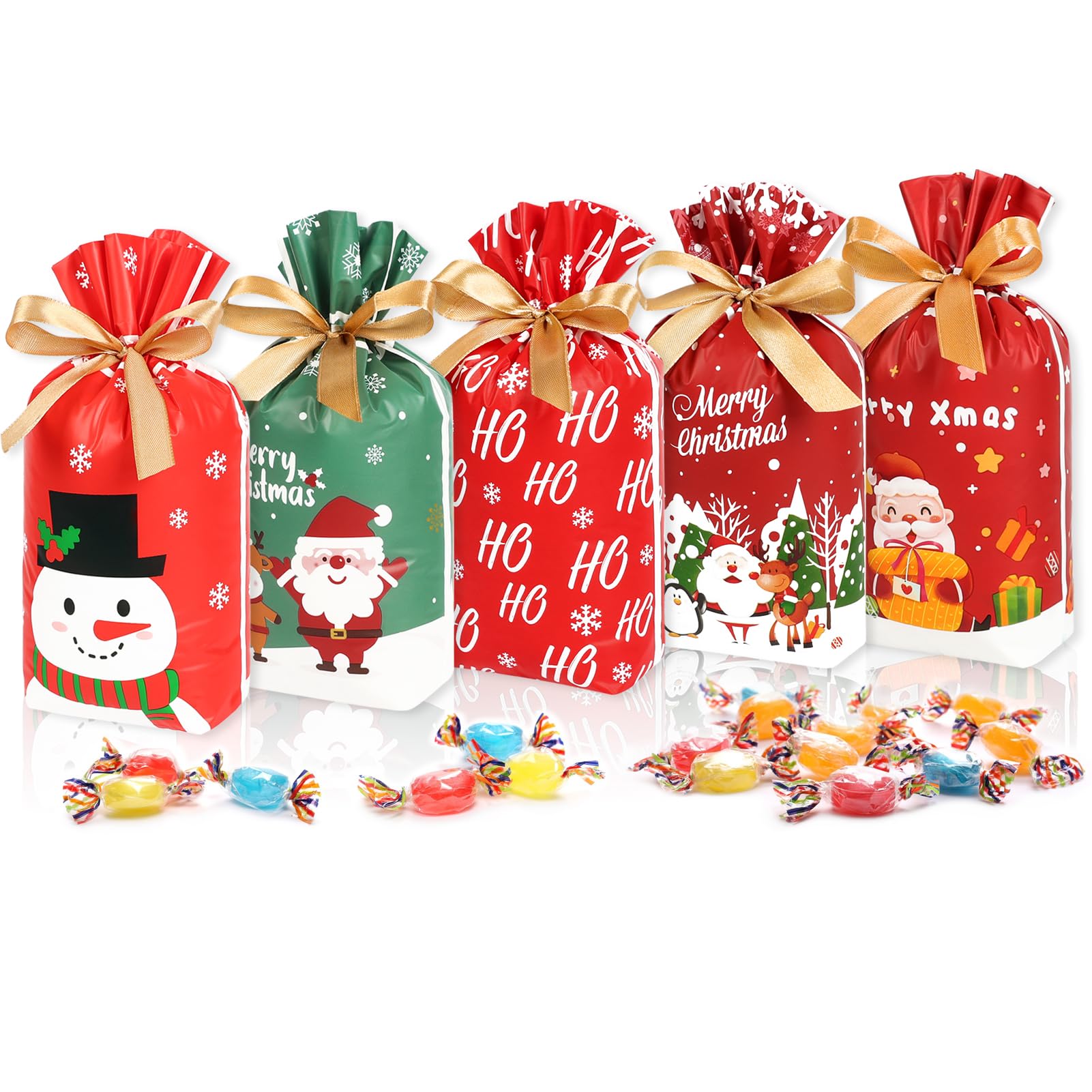 JOINDO 50 Pack 6x9 Inch Christmas Treat Bags - Holiday Drawstring Goodie Bags for Party Favors, Candy & Gifts (5 Festive Patterns) - Perfect for Christmas Parties, School Events & Gift Exchanges