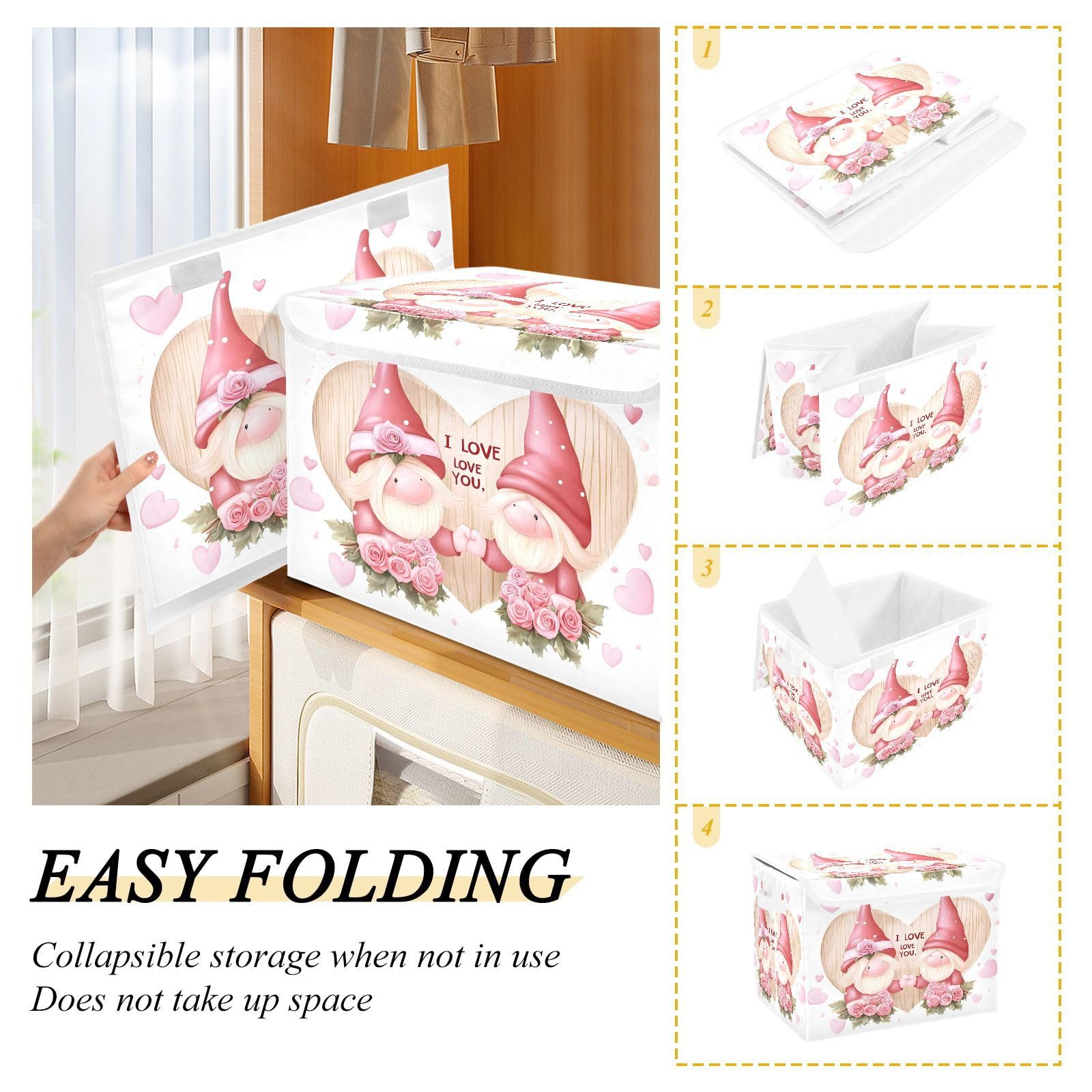 Rose Love Gnome Fabric Foldable Storage Bins with Lids - Collapsible Organizer Containers for Home, Bedroom, Closet & Office - Perfect for Seasonal Decor, Toy Storage & Clothes Organization