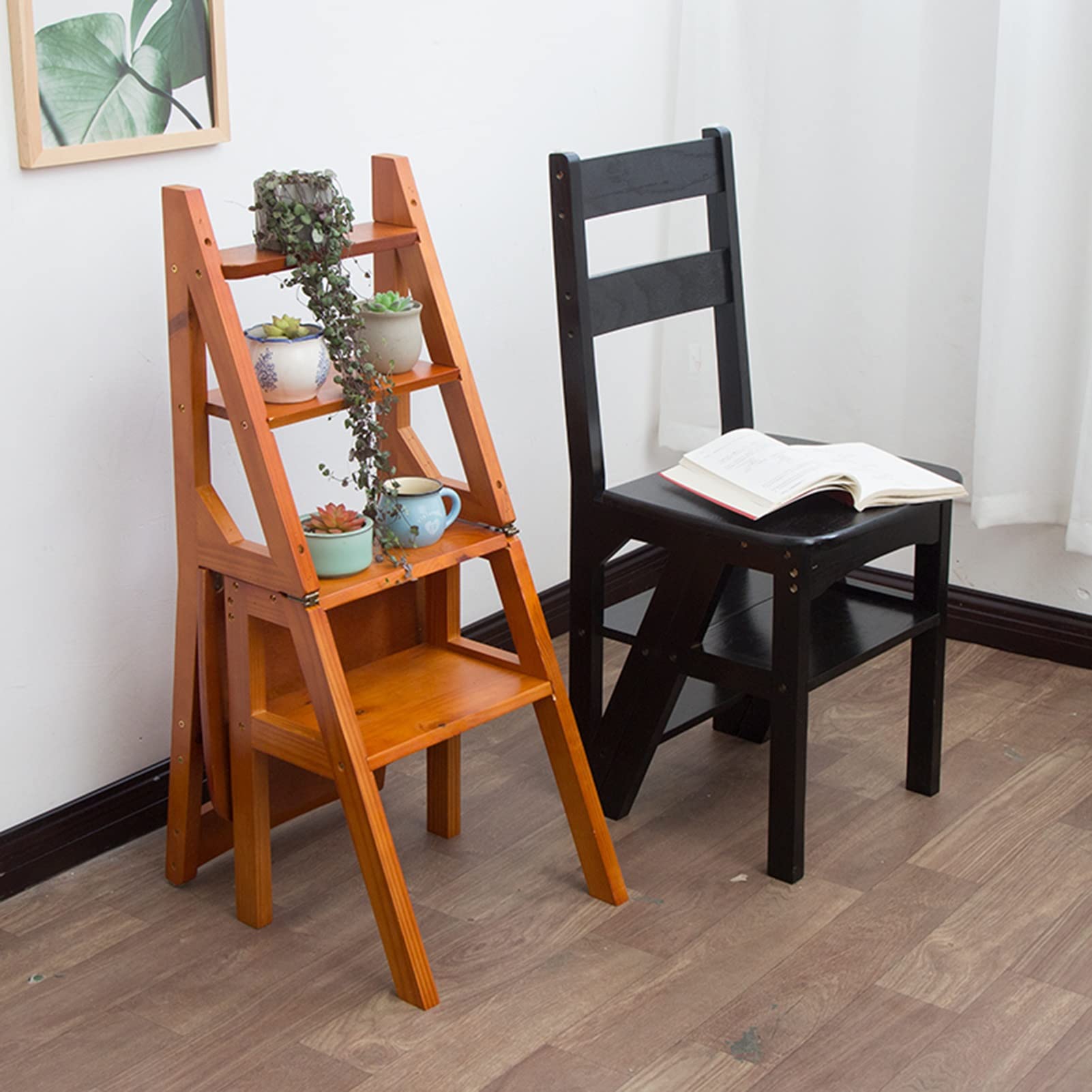 XHALERY 4-Step Folding Wooden Ladder Stool - Multifunctional Step Stool for Home, Library, Display Shelf, Flower Stand - Compact & Portable for Indoor/Outdoor Use