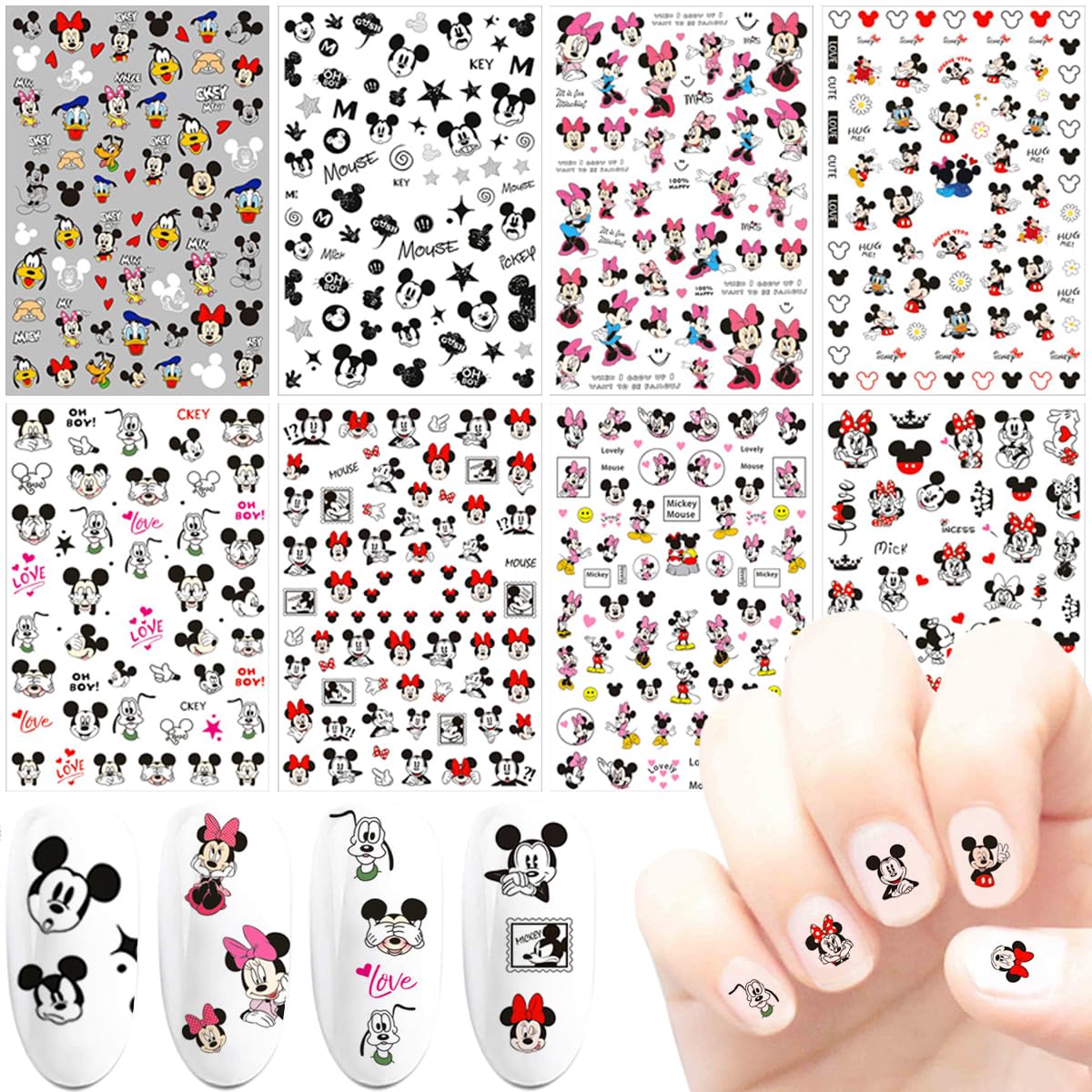 8pcs 3D Cute Nail Art Stickers - Self Adhesive Cartoon Nail Decals for Women, Girls & Kids - DIY Manicure Decorations for Parties, Gifts & Nail Art Design - Waterproof & Long Lasting Nail Supplies