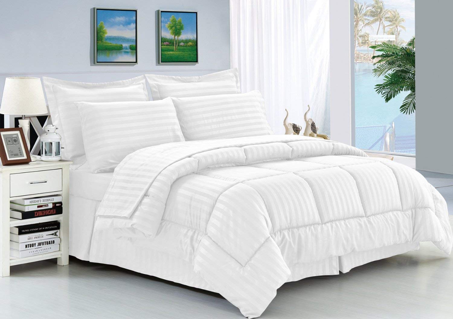 Dream'z Bedding Luxury 350 Thread Count 100 GSM Fiber Fill 1pc Full/Queen Size Comforter - 100% Egyptian Cotton, White Stripe - Ultra Soft & Breathable for All-Season Comfort - Perfect for Master Bedroom, Guest Room & Hotel Use
