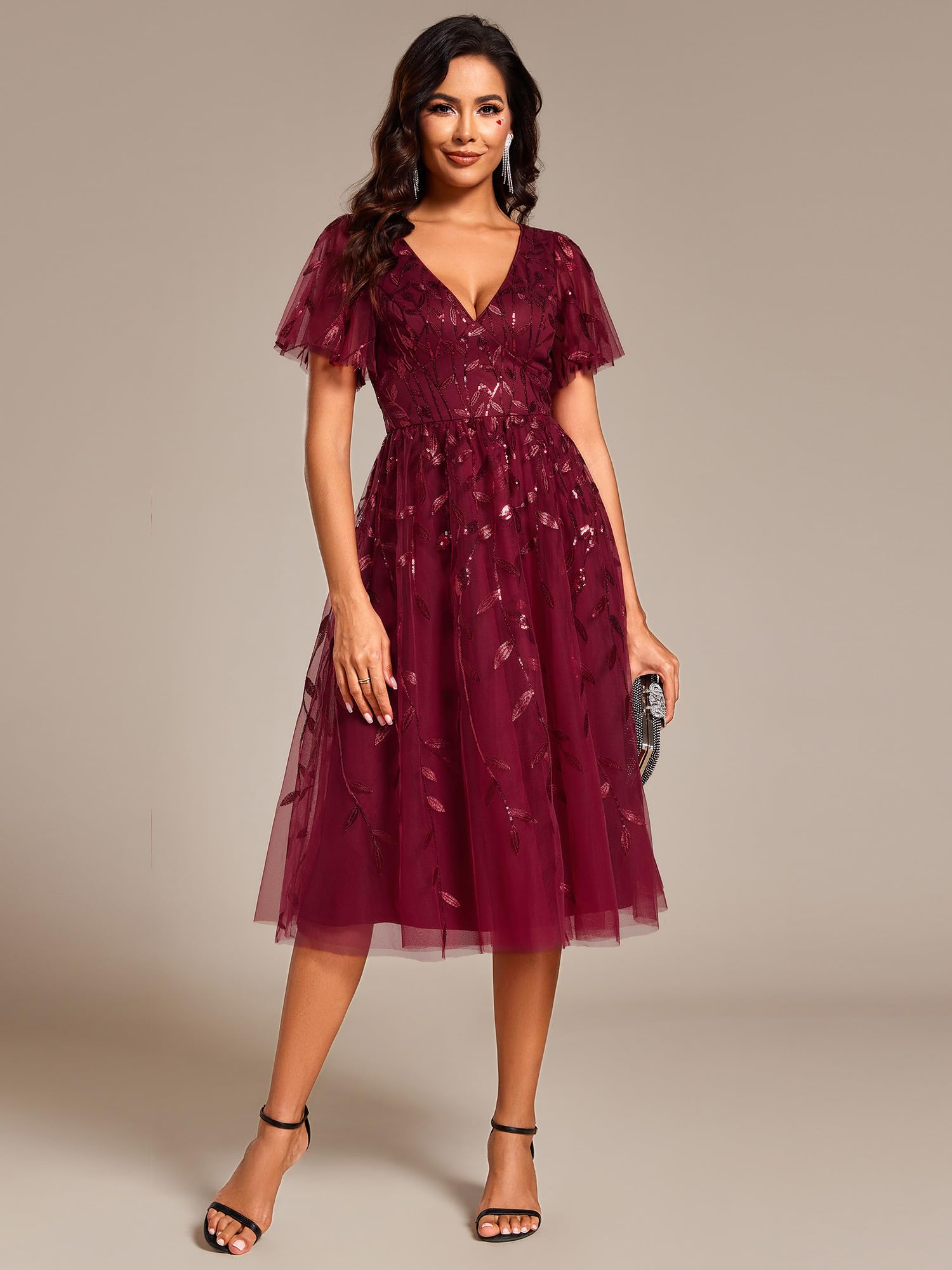 Ever-Pretty Women's Elegant A-Line Embroidery Tulle Sequins Short Sleeves Midi Dress for Wedding Guest, Party, Cocktail & Special Occasions - Style 02230