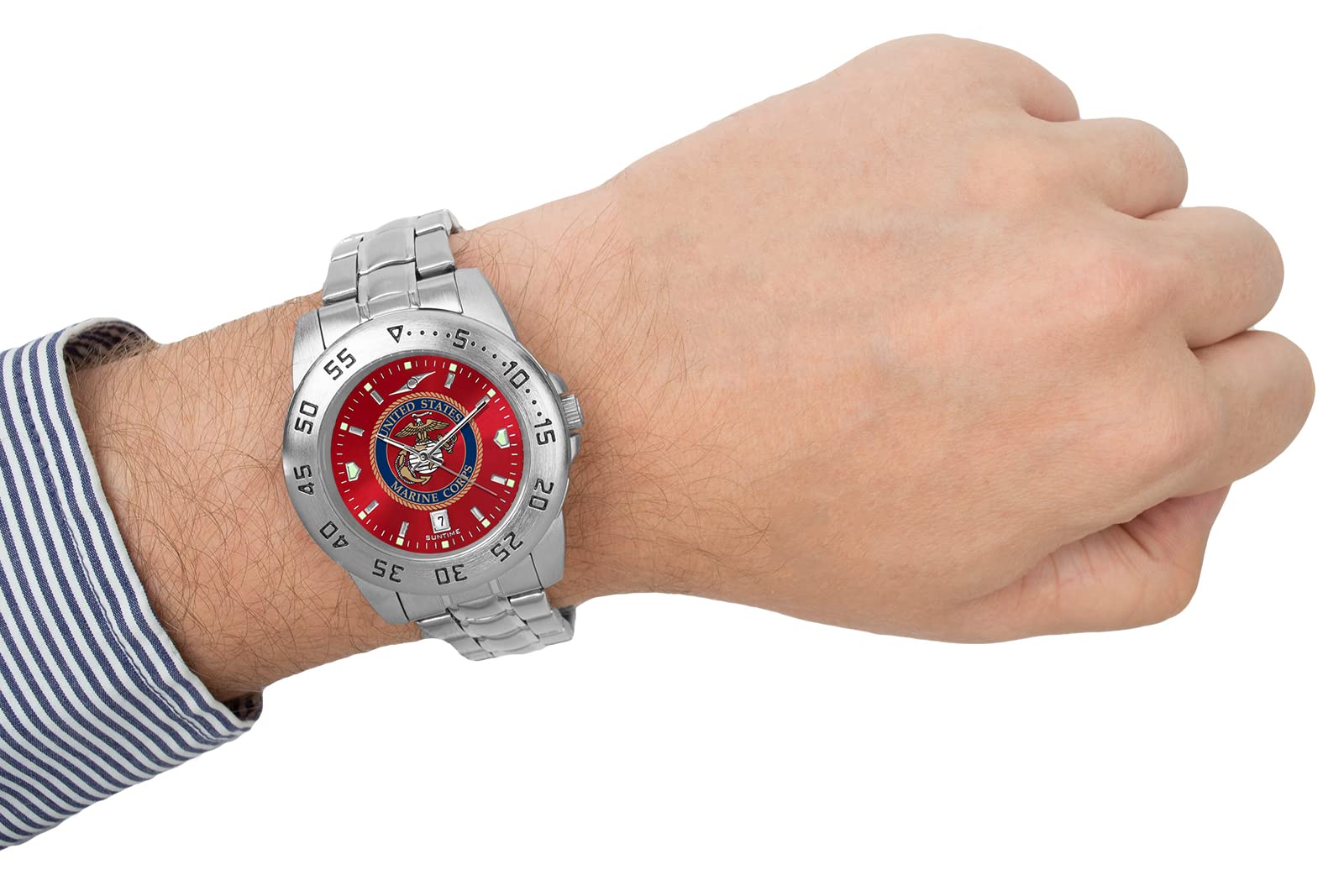 SunTime U.S. Marines Men's Sport Steel Watch - 43mm Military Style Stainless Steel Band Watch with Reflective Dial - Perfect for Outdoor Activities, Military Service & Everyday Wear
