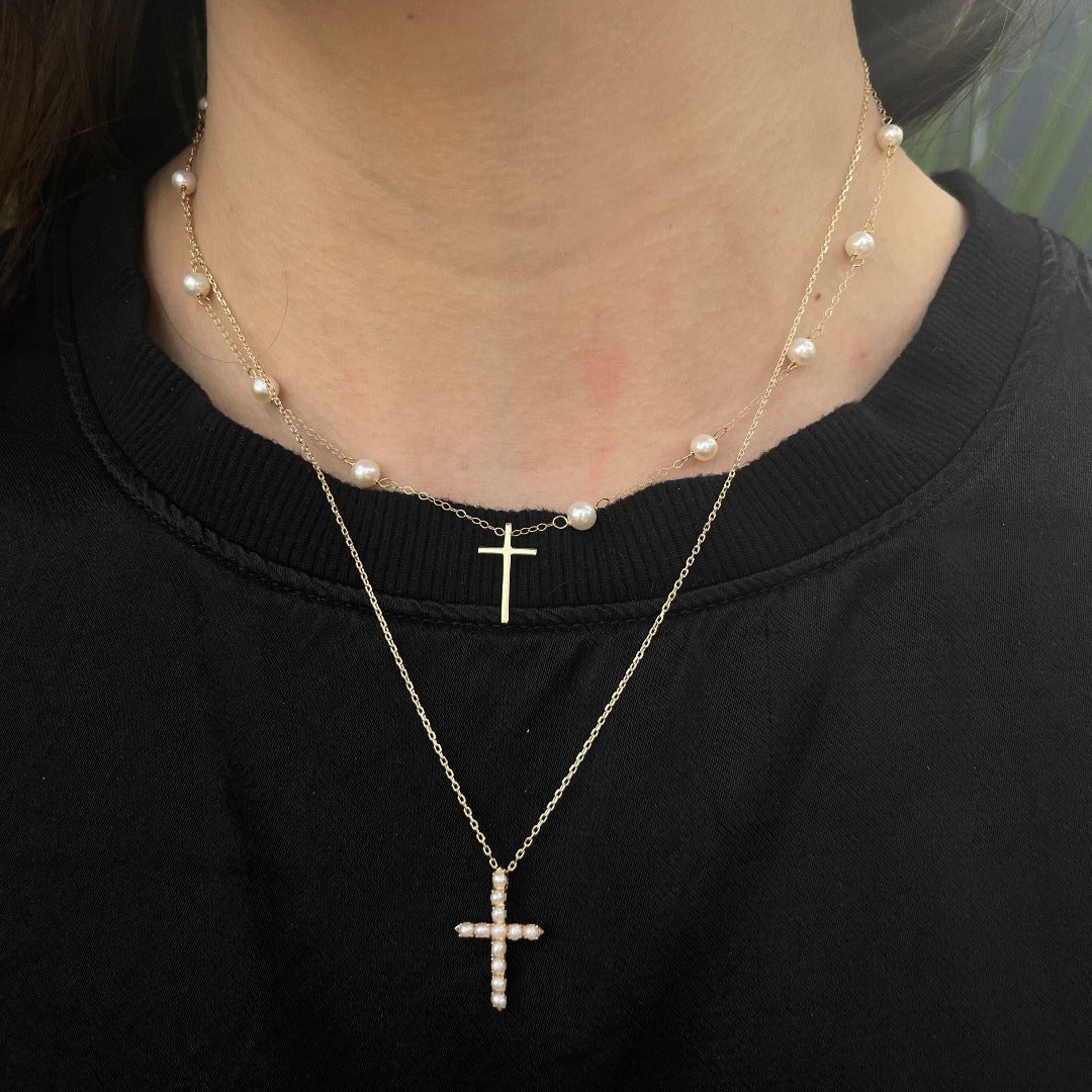 4mm Freshwater Pearl & 14K Yellow Gold Cross Necklace for Kids - Elegant Gift for Baptism, First Communion & Special Occasions