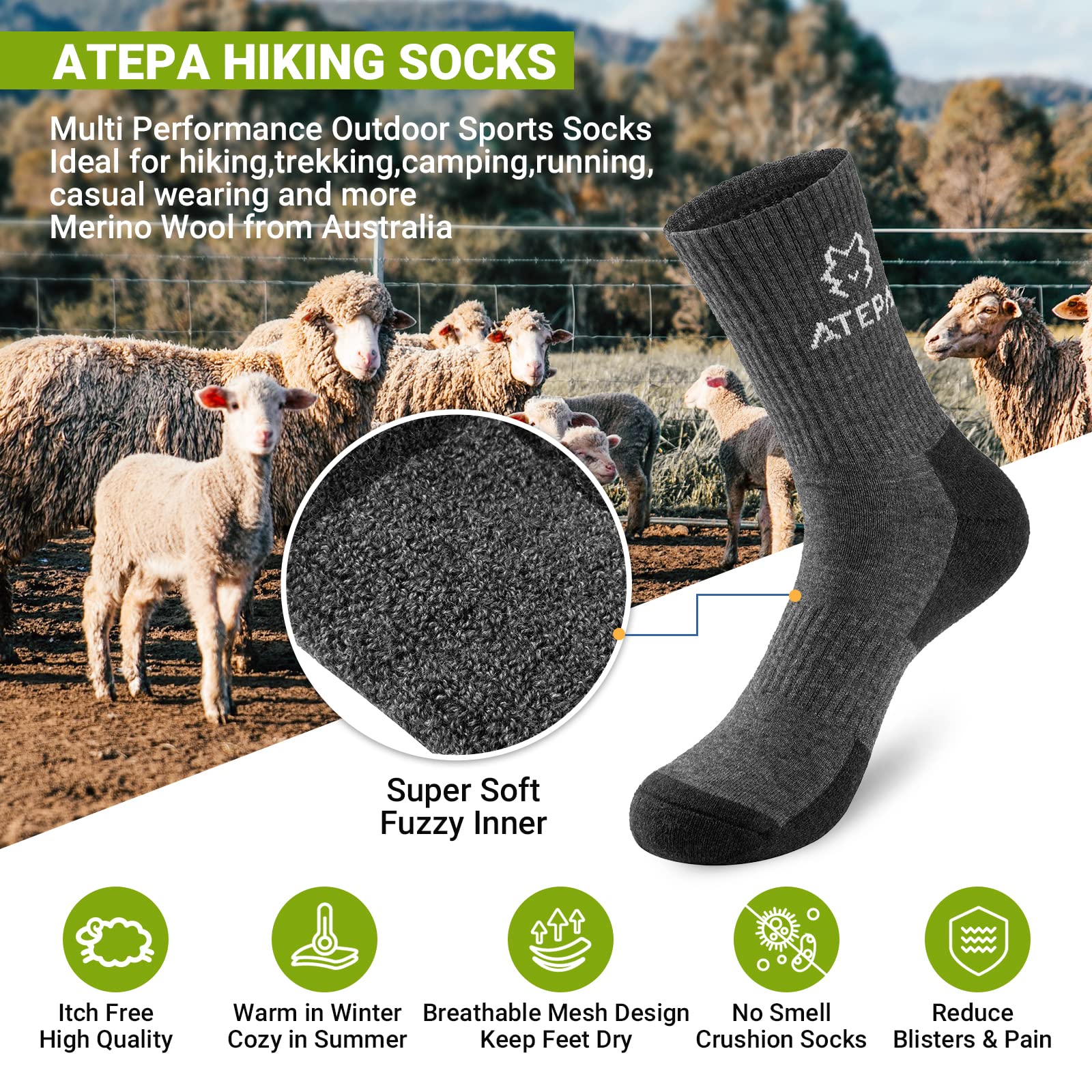 ATEPA Merino Wool Hiking Socks for Men & Women - Warm Thermal Outdoor Socks for Winter Trekking, Camping & Snow Sports (1/3/6 Pairs)
