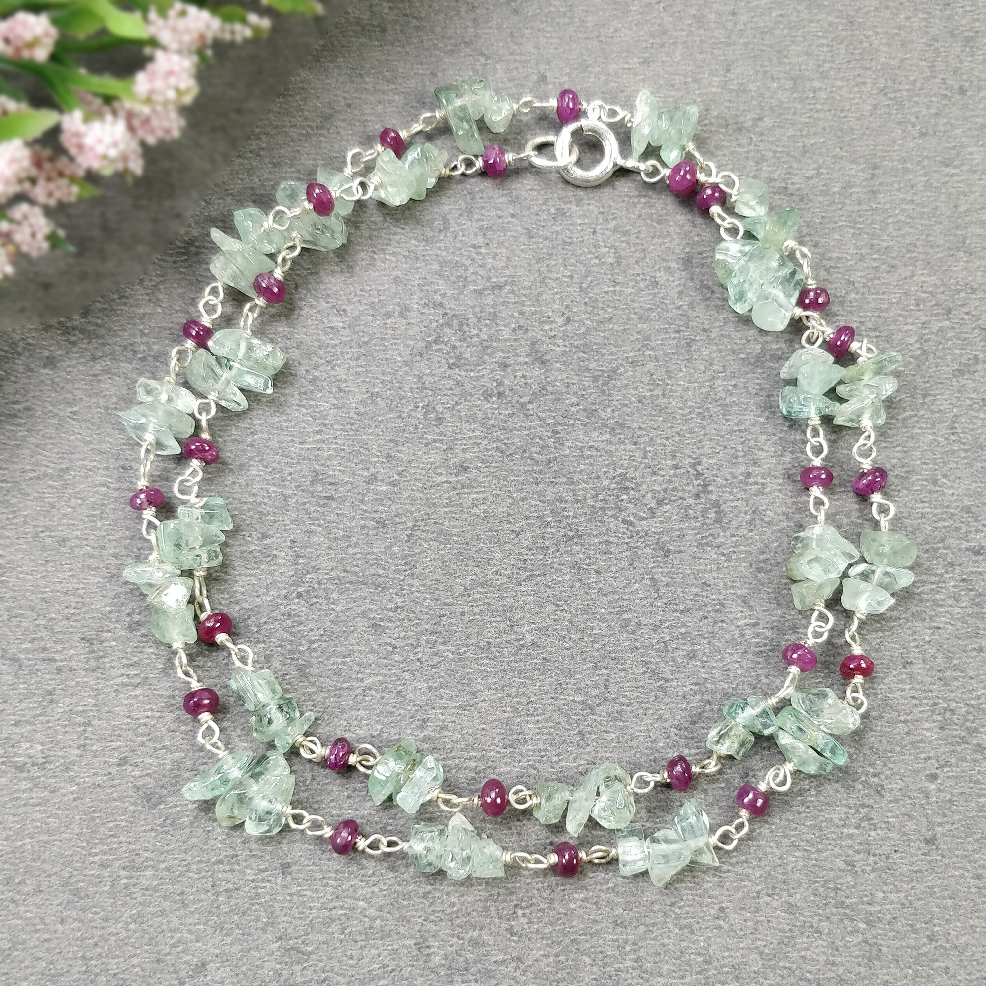 Natural Raw Uncut Emerald & Ruby Gemstone Beads 925 Sterling Silver Chain Necklace - 16 Inch Statement Jewelry Gift for Women, Perfect for Weddings, Parties & Special Occasions