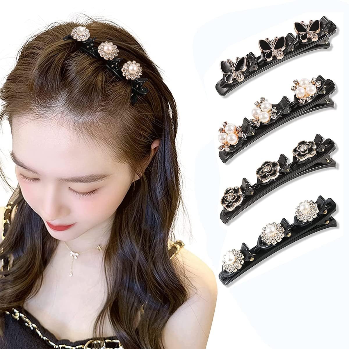 BIRZAR 12 Pack Pearl Hair Clips for Women & Girls - Braided Butterfly Duckbill Hairpins with 3 Small Clips - Fashion Hair Accessories for Styling, Parties, Weddings & Everyday Use