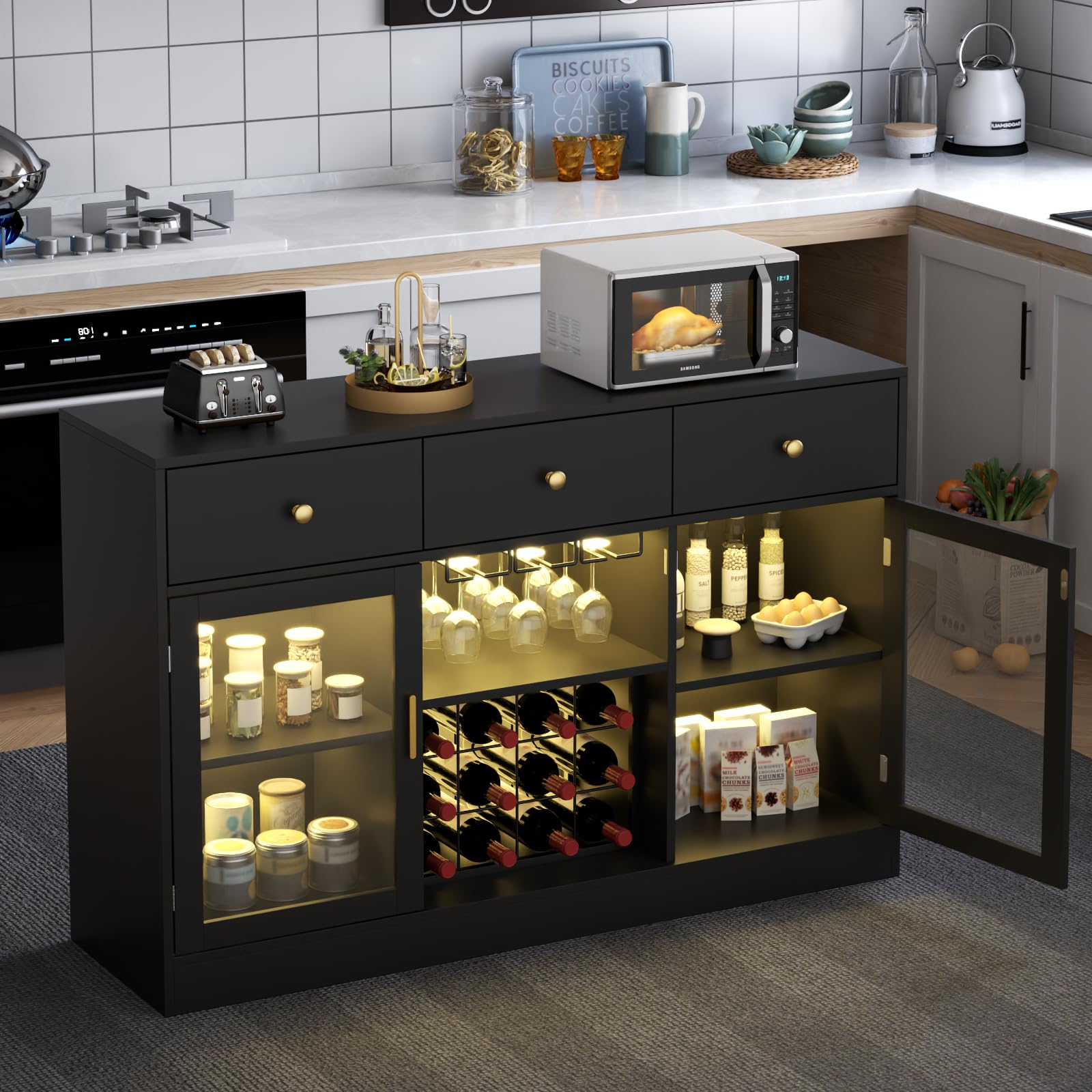 Modern Black Wine Bar Cabinet with LED Light - Home Coffee & Liquor Storage with Adjustable Shelves, Glass Door, and Wine Rack - Perfect for Kitchen, Dining Room, or Home Bar Organization