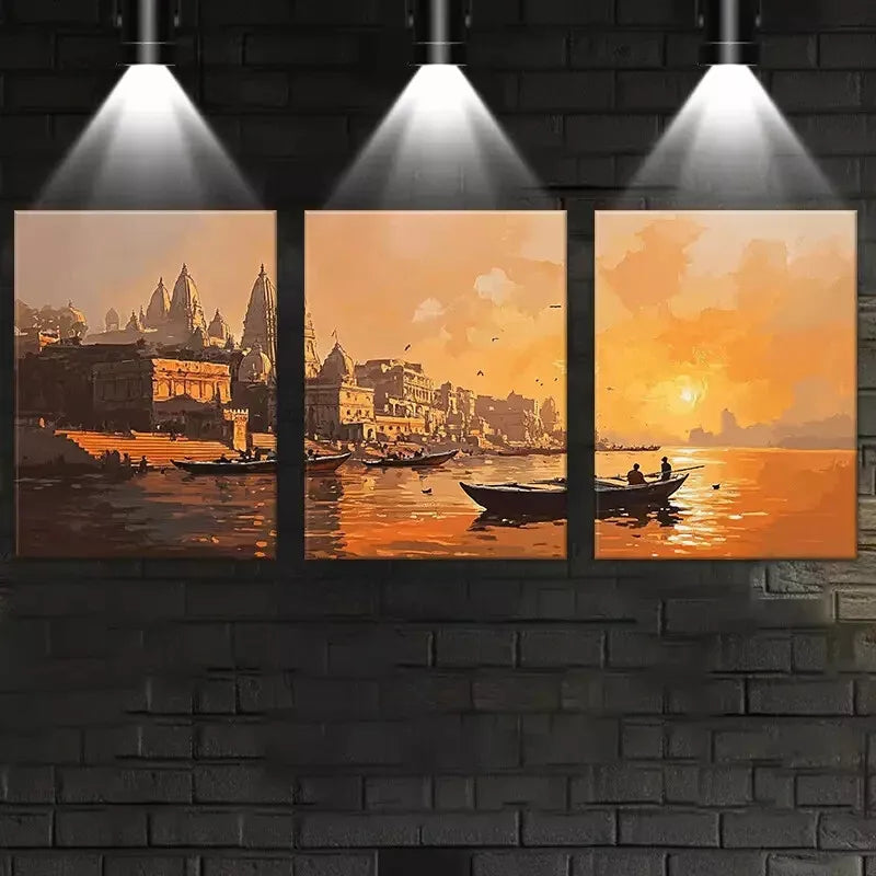 3-Piece Charming Sunset and Harbor Boats Canvas Art Set - 50x70cm Framed Wall Decor | High Quality Australian Made Print | Ready to Hang | Perfect for Living Room, Bedroom & Office Decor