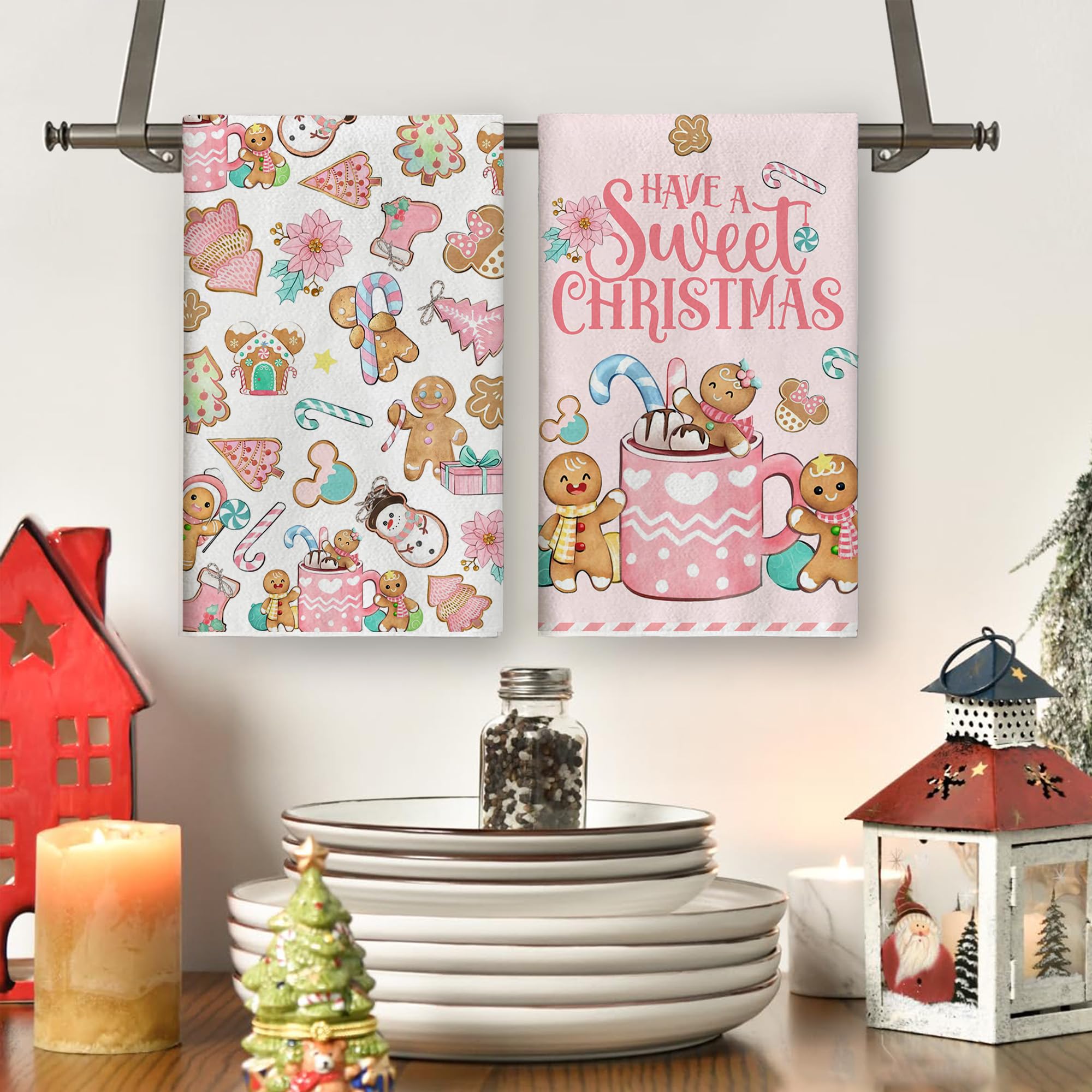 Pink Gingerbread Christmas Kitchen Towels - Holiday Dish Towels with Gingerbread Mouse & Candy Cane Designs - Festive Xmas Decor for Home Kitchen, Party & New Year Celebrations - Perfect for Baking, Cooking & Holiday Entertaining